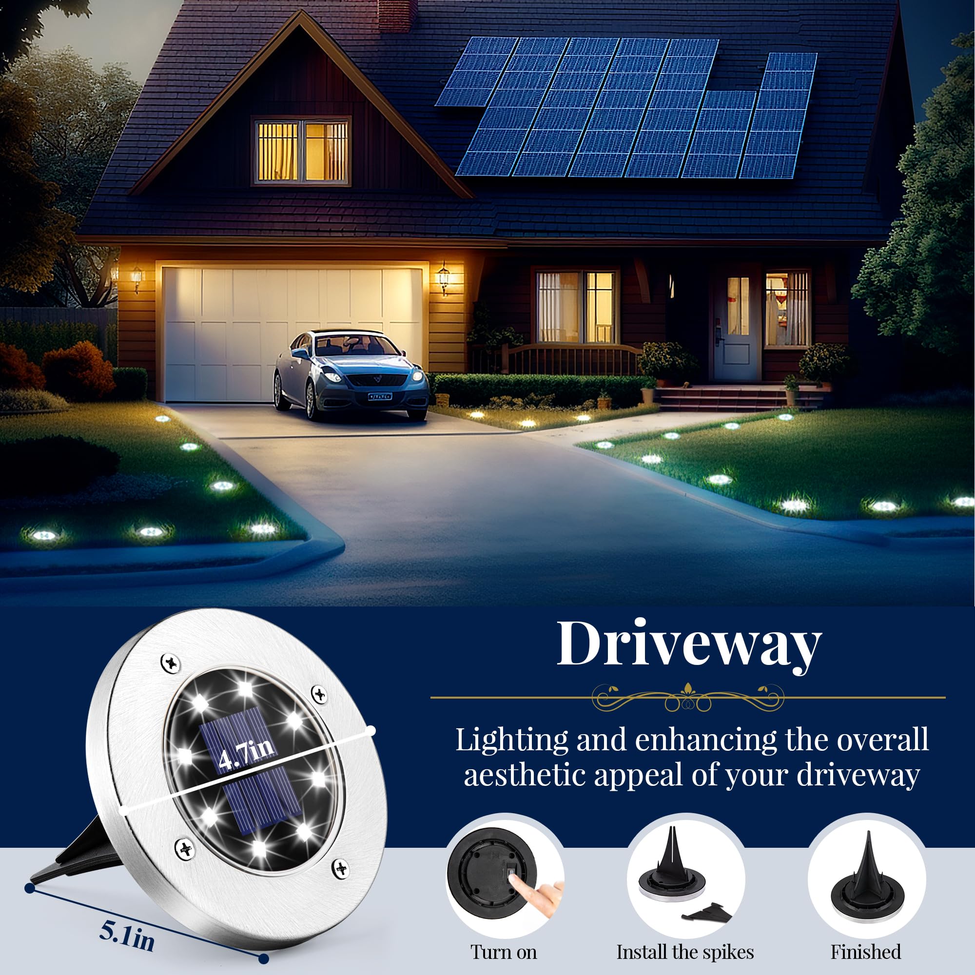 SOLPEX Solar Ground Lights, 16 Pack, Waterproof, 8 LED, Stainless Steel, Cool White, Model 8715