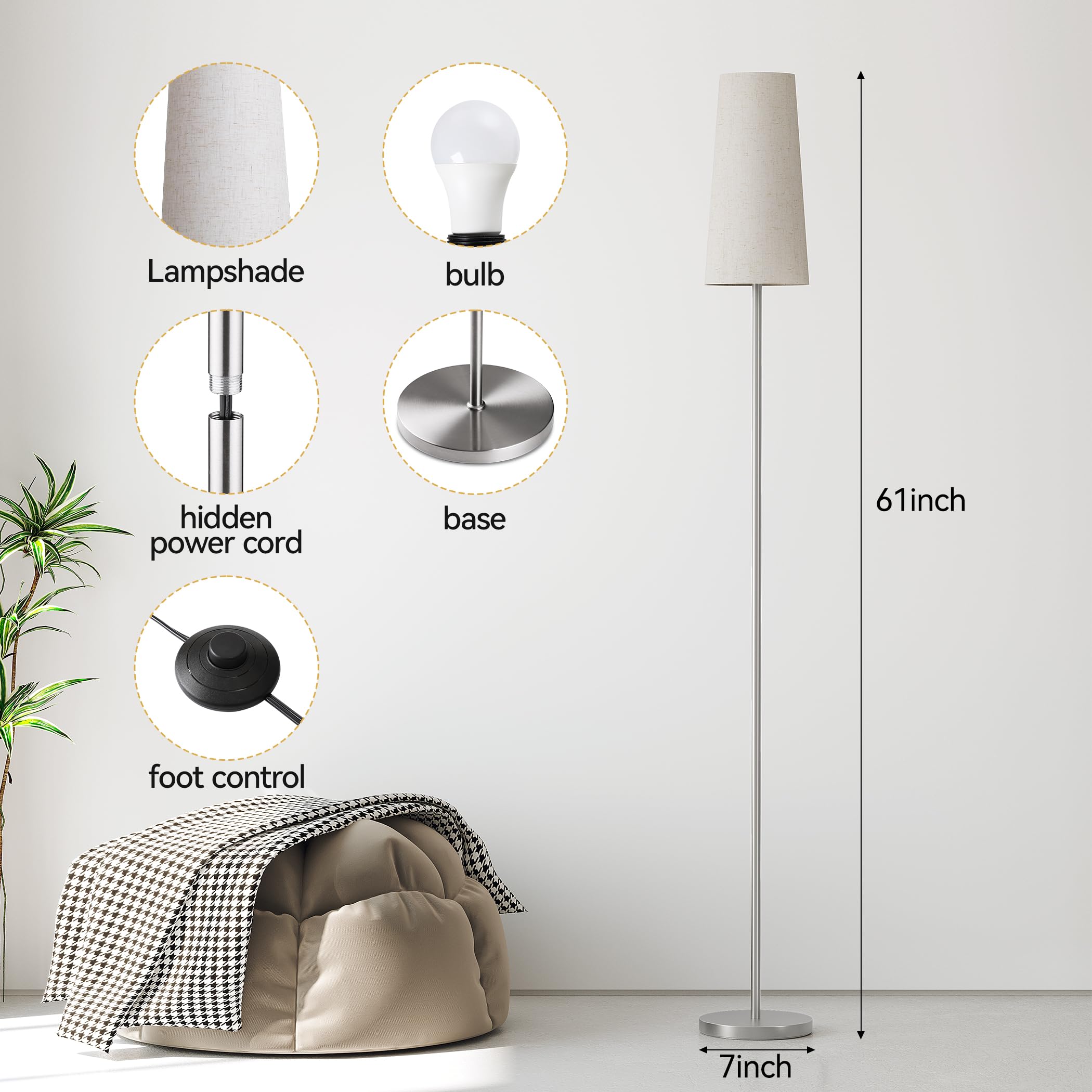 SUNMORY Floor Lamp with LED Bulb, 3 Color Temperatures, Nickel Plated, Iron Material, Ideal for Living Room/Bedroom/Office Decor