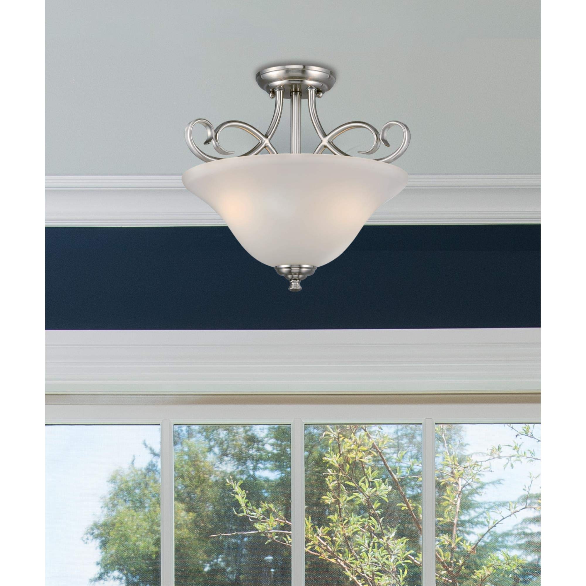 Westinghouse Dunmore Two-Light Semi-Flush Mount Ceiling Fixture 15-Inch Brushed Nickel Finish with Frosted Glass Model 6573800