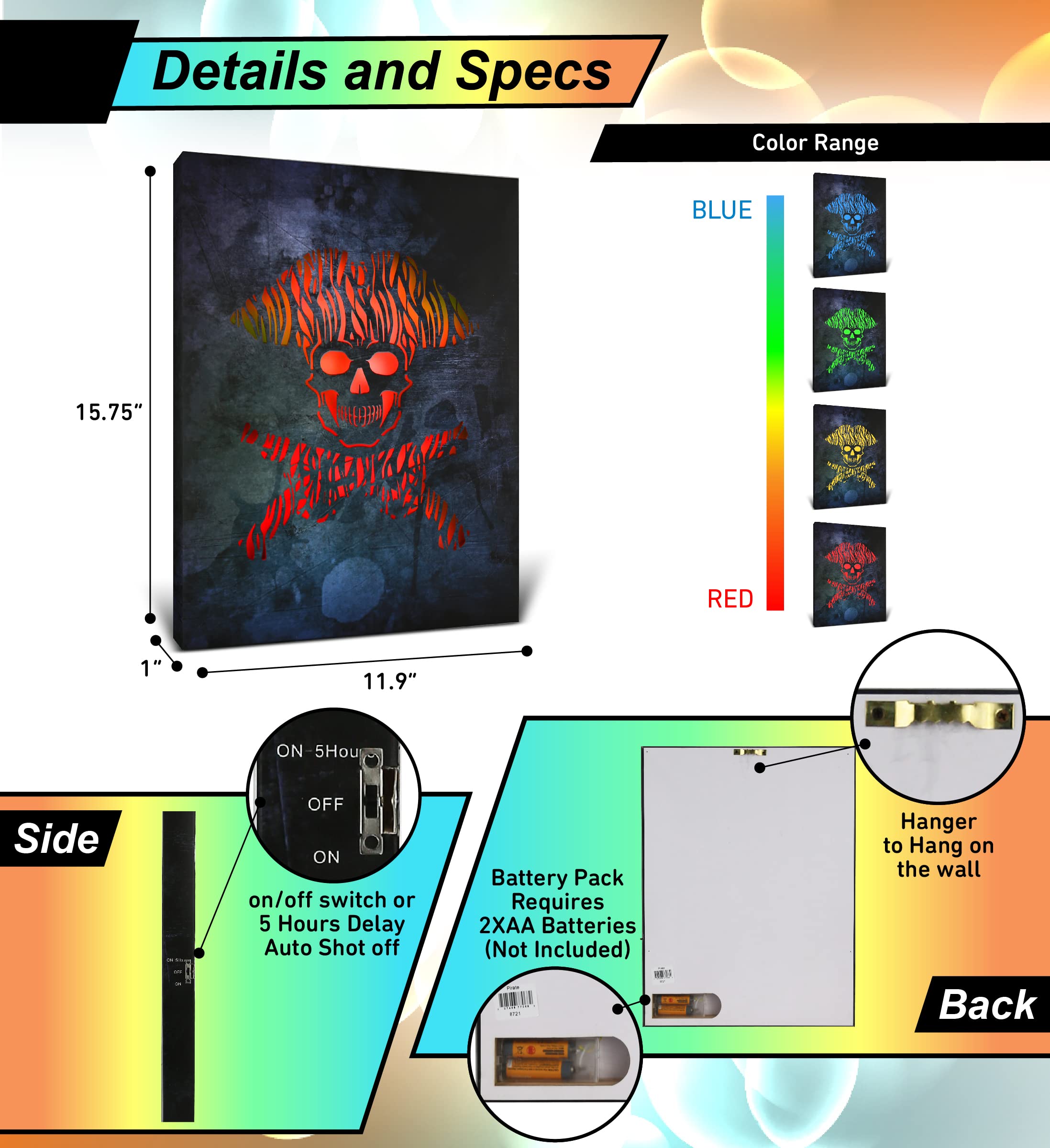 Cota Global Pirate Light Up Led Wall Art - Fun Changing Color Led Light Up Picture Art For Bedroom, Modern Wall Hang Living Room