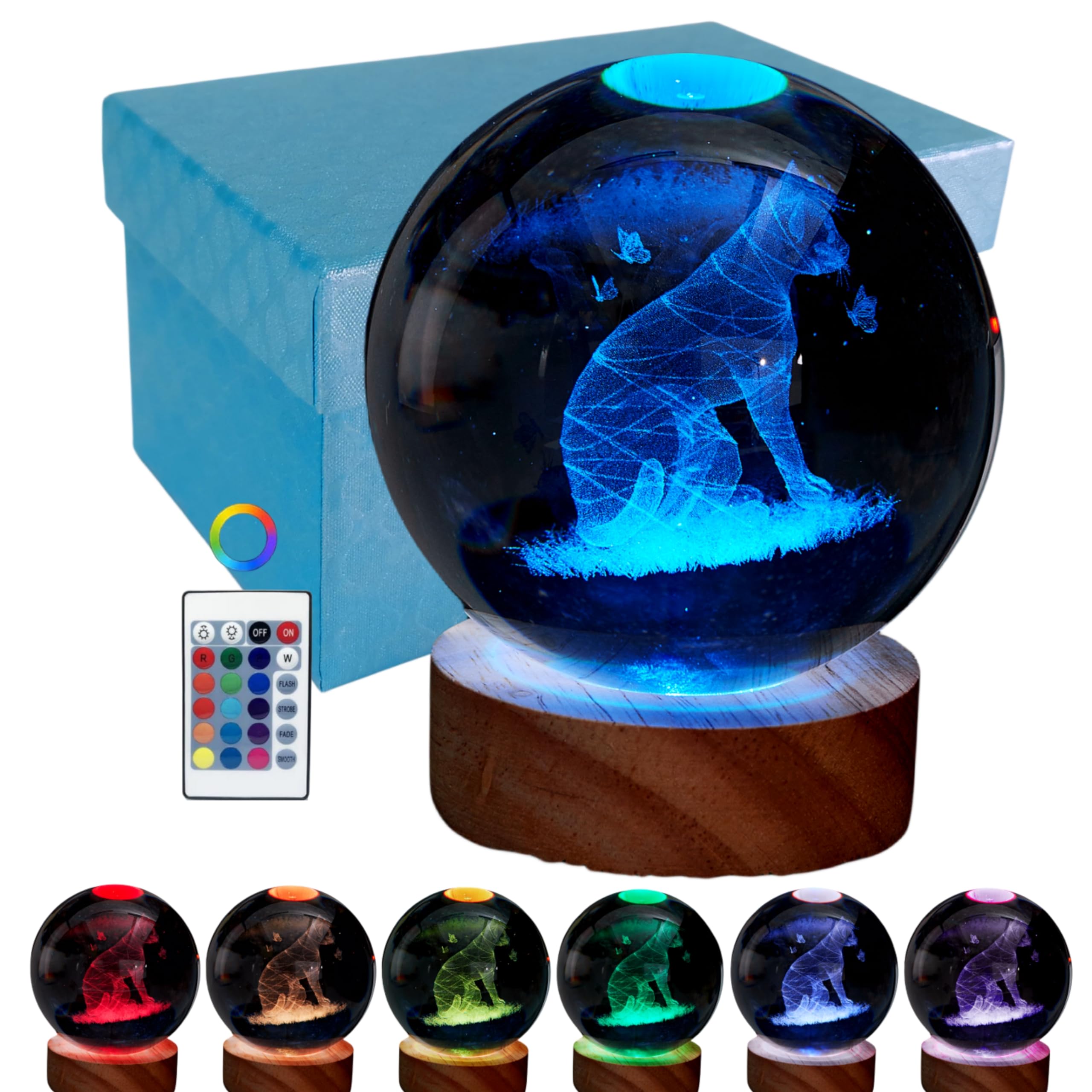 DIGFPWT Cat Crystal Ball Night Light, 3D Lamp with LED Wooden Base, 16 Colors, 3.15 Inch, Gift Box Packing