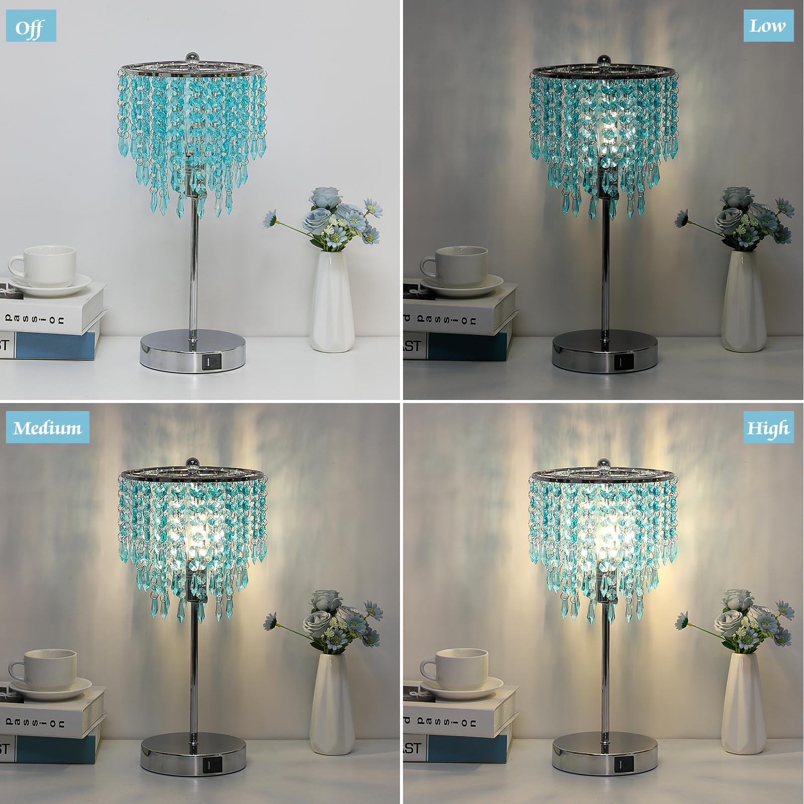 Touch Control Crystal Table Lamp, Usb Bedside Lamp For Bedroom, 3-Way Dimmable Nightstand Lamp With Elegant Teal Shade, Modern D