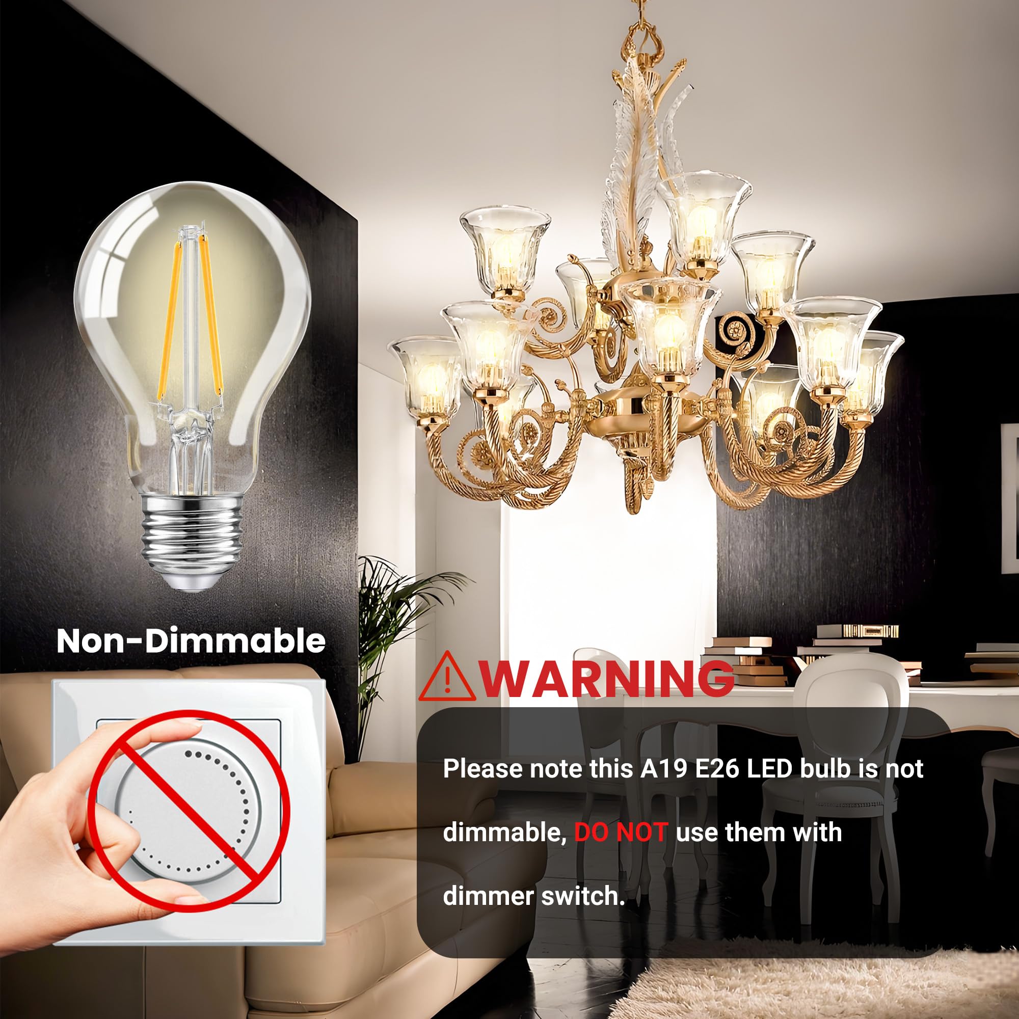 Tjoy 12 Pack A19 Vintage Led Edison Bulbs, Non-Dimmable, 60W Equivalent, High Brightness 2700K Warm White, 8W E26 Standard Base,