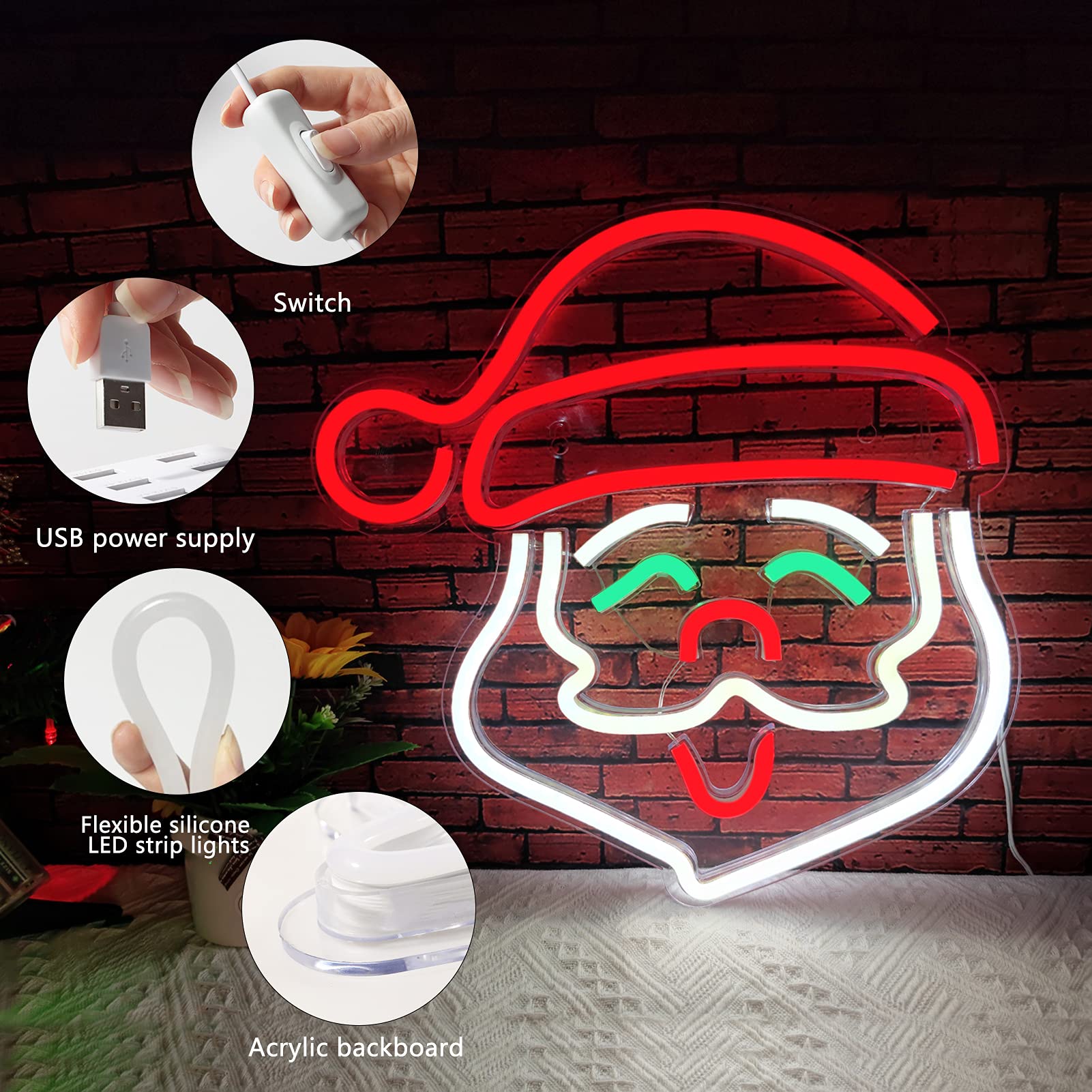 BerniceKelly Santa Claus Neon Sign, LED Wall Decor, 13.8inx13.8in, Acrylic, USB Powered