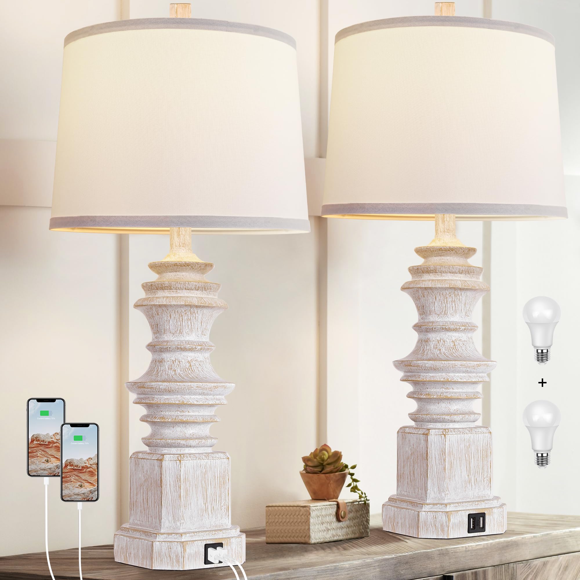 QiMH Table Lamps for Nightstand Set of 2, Bedside Lamp with Dual USB Charging Ports, Farmhouse Decor Table Lamps with White Fabr