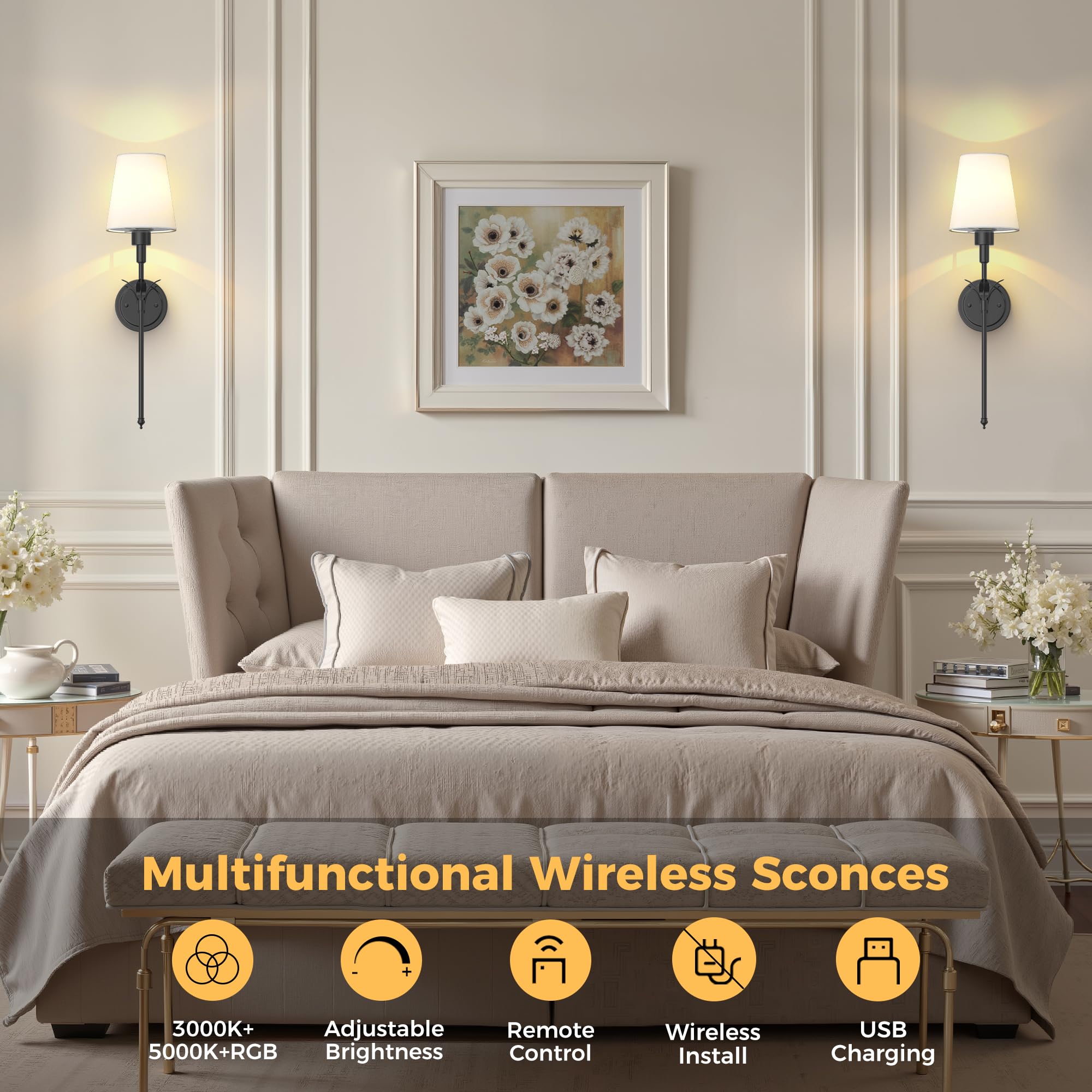 DORESshop Battery Operated Wall Sconce Set of 2, 24.6in Metal Wireless Wall Light, Matte Black, Model SF20250911B0F4XNPJKZ