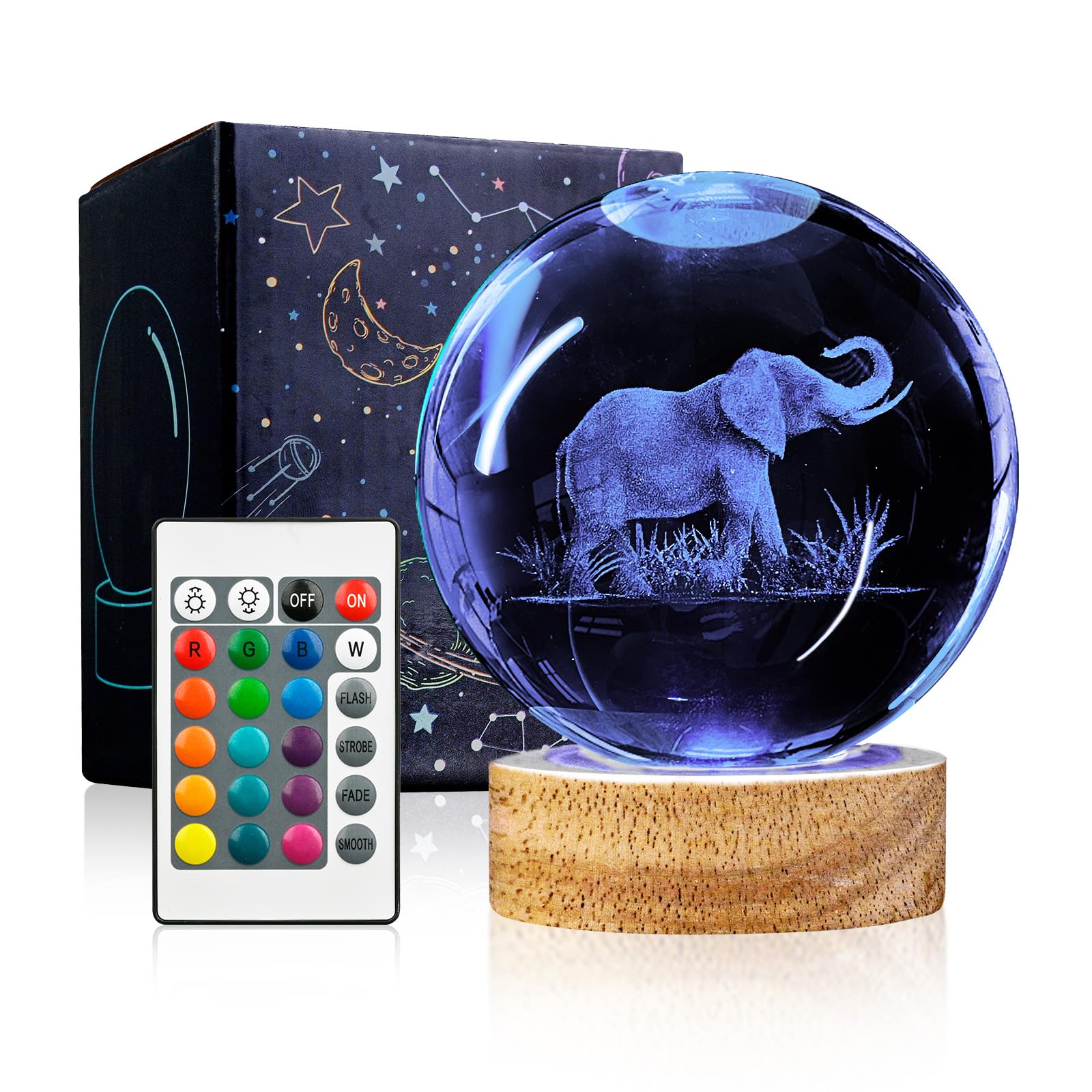 YYLZEPHB 3D Elephant Crystal Ball Night Light with Woodern Base, 3.15'' Elephant Figurines Glass Lamp with 16 Colors Cool Desk D