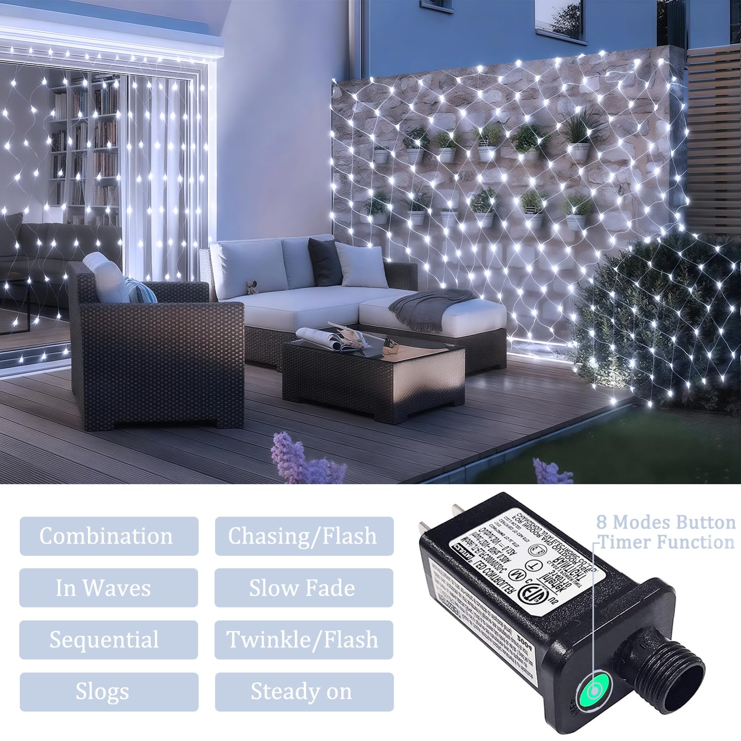 JMEXSUSS 200 LED Net Lights for Outdoor, Waterproof, 8 Modes, 9.8ft x 6.6ft, Cool White, Model EXS-N-0200