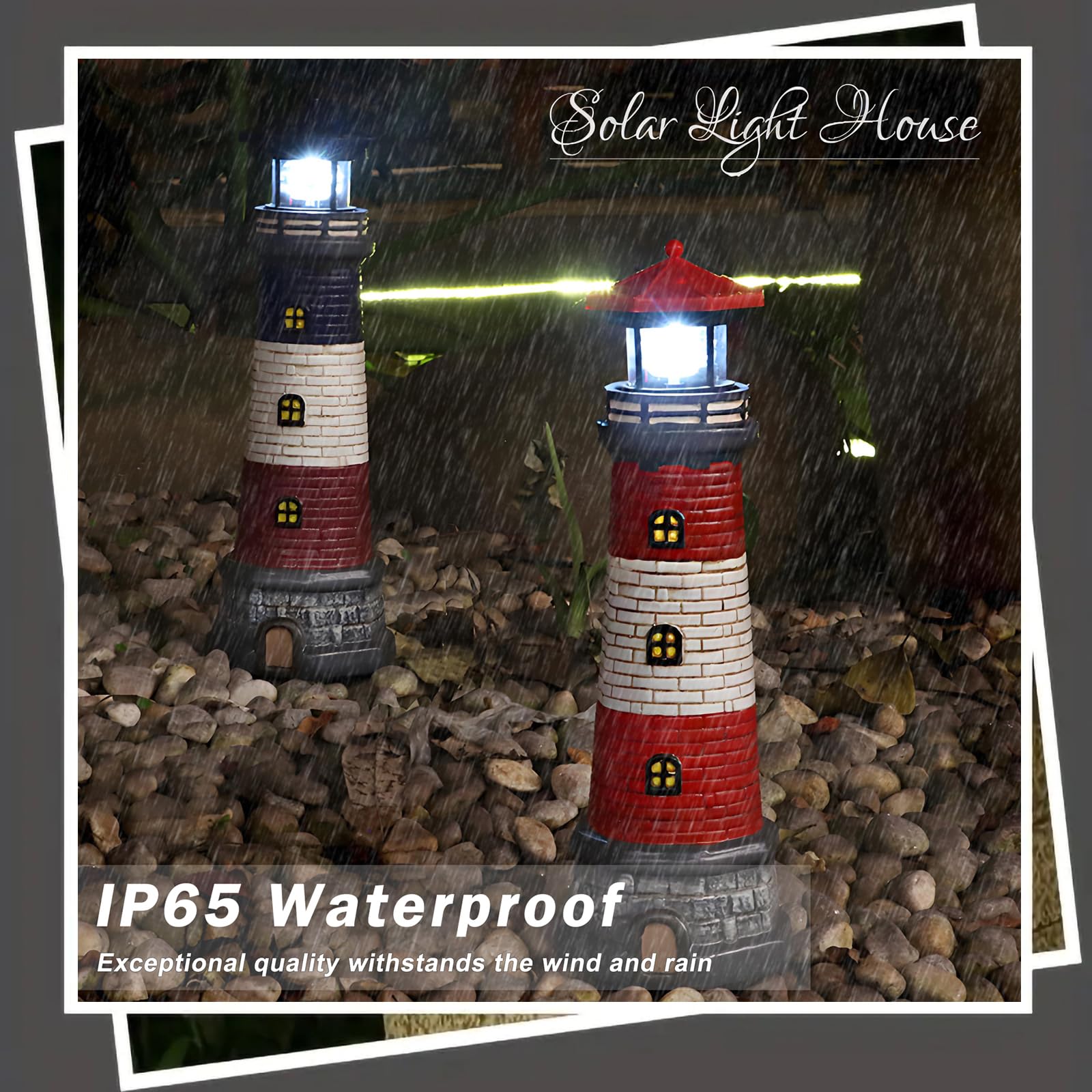 Zeanlant Solar Lighthouse Statues - Waterproof Outdoor Lights, Automatic Rotating, 2-Pack, Red & Black