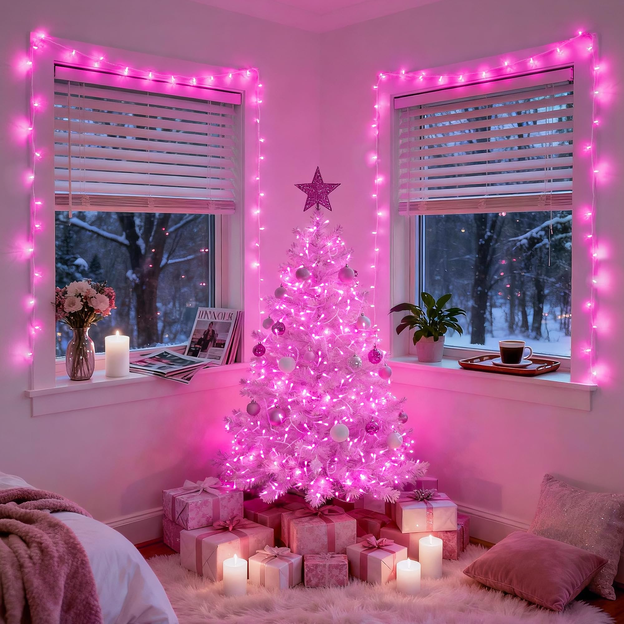 Jmexsuss 33Ft Pink Led Fairy String Lights, Battery Operated, 100 Lights, 8 Modes, Waterproof For ValentineS Day Indoor/Outdoor Decor