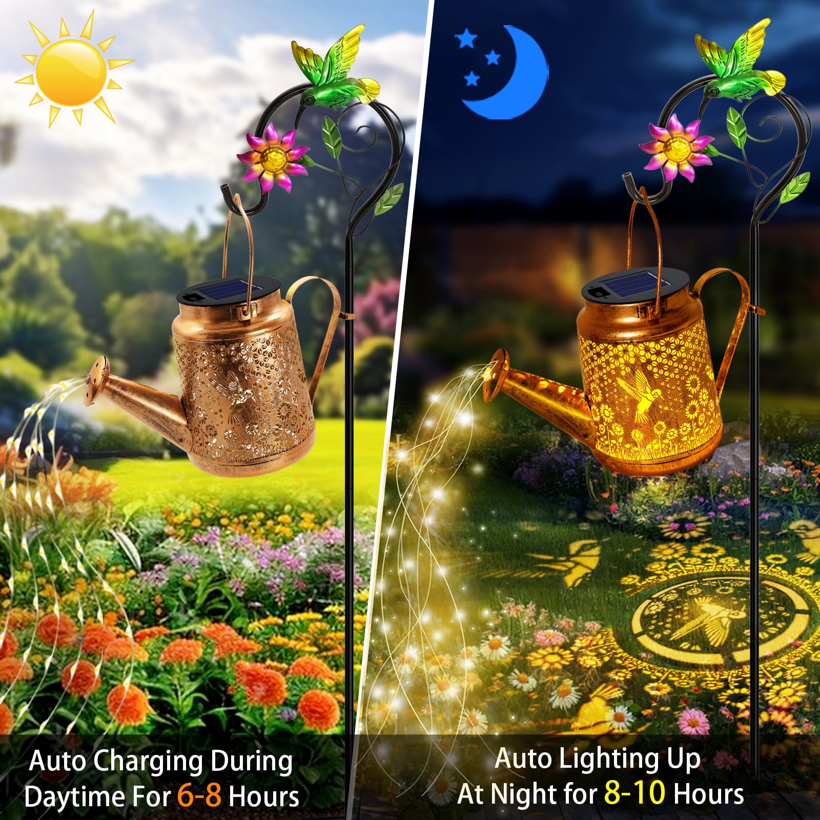 yulloyello Solar Watering Can Lights, Hummingbird Design, Metal, Waterproof Garden Decor, Model XSH6546