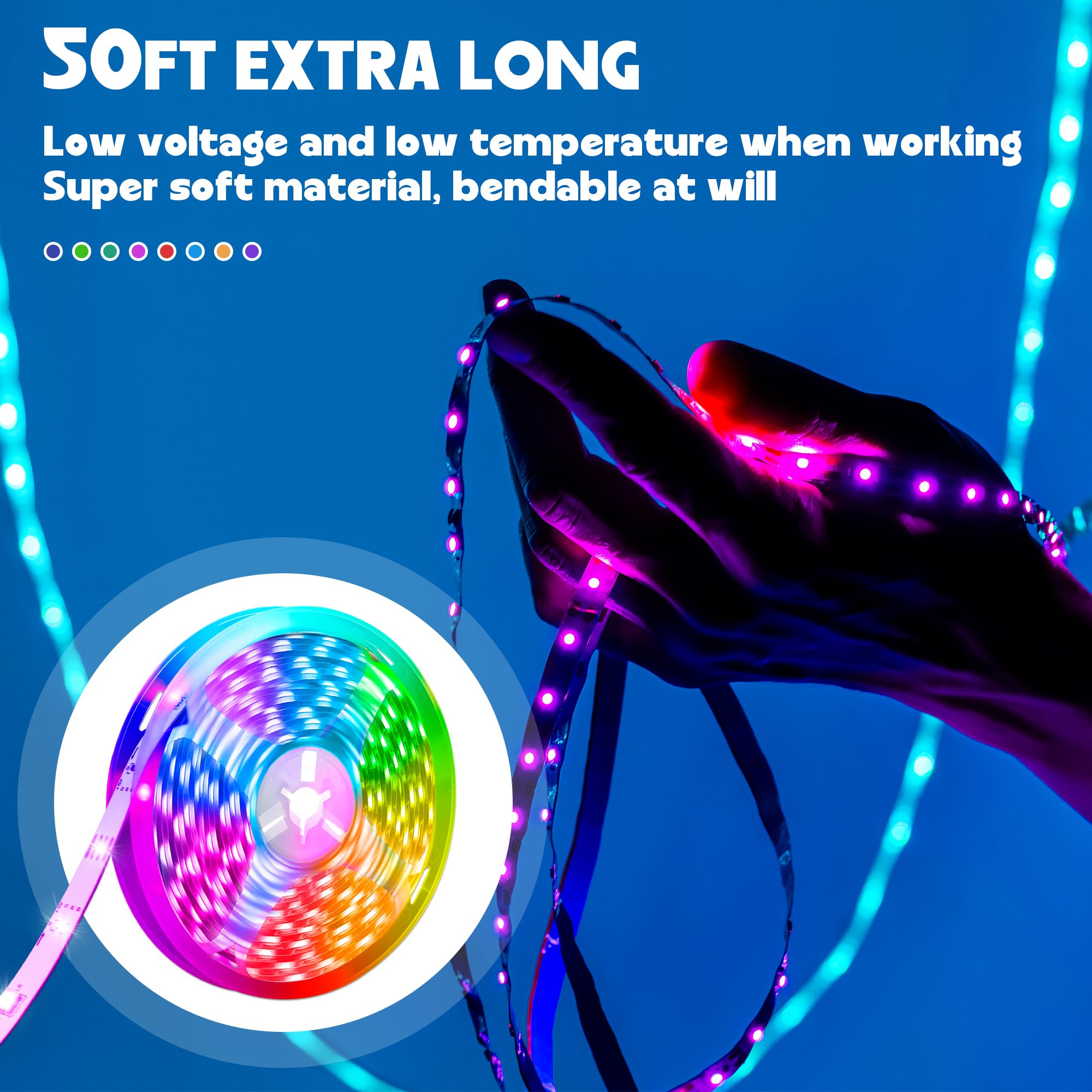 Qzyl Led Lights For Bedroom, 50Ft Rgb Led Strip Lights With 44 Keys Ir Remote, Smart Led Light Strip With Adhesive Backing Adjustable Brightness App Control For Bedroom Party Decoration