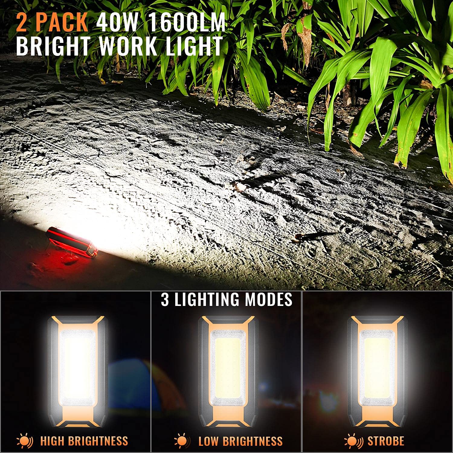 2 Pack 40W 1600Lm Led Work Light, Rechargeable Portable Led Magnetic Flood Lights For Outdoor Camping Hiking Emergency Car Repairing And Waterproof Job Site Lighting (2 Pack)