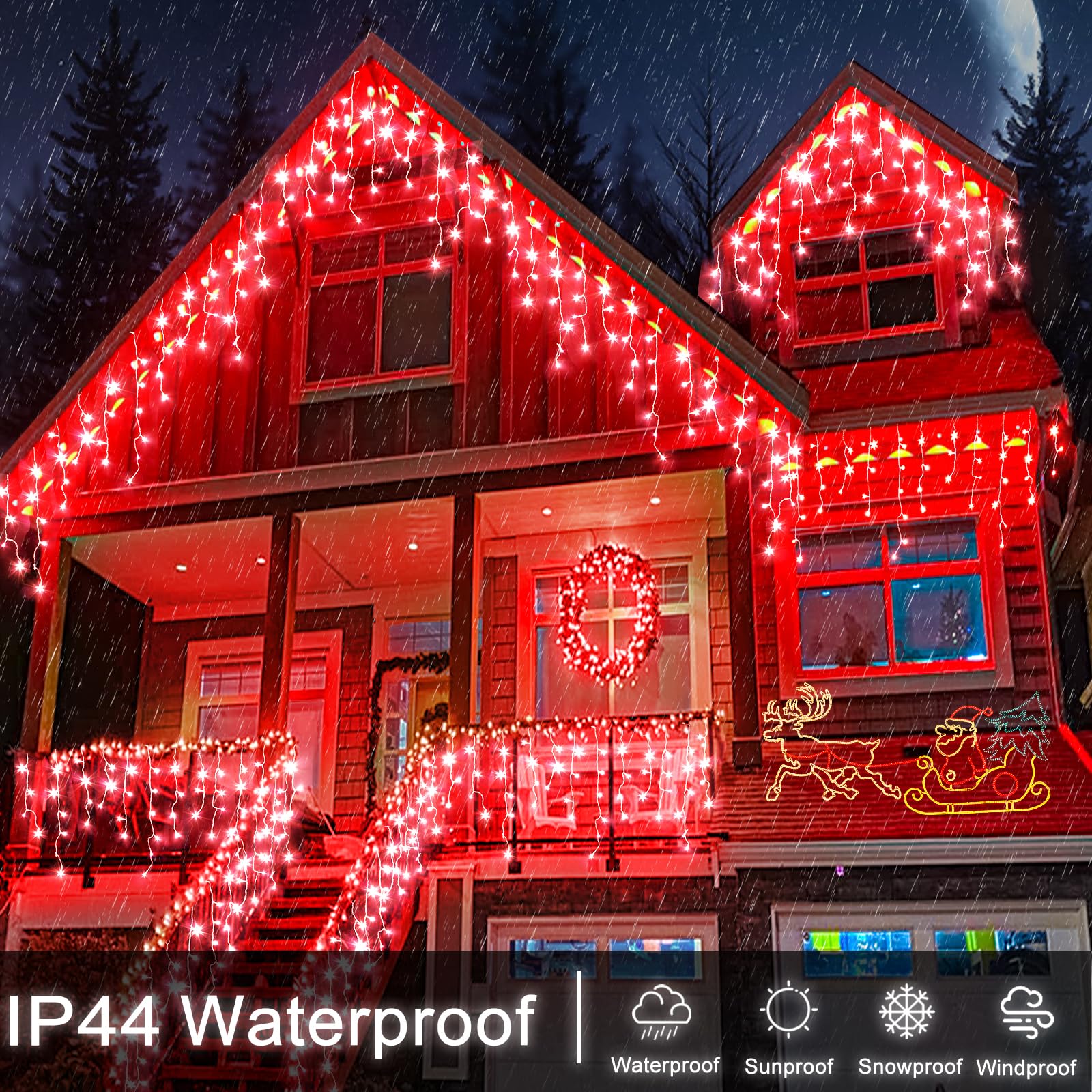 Einiiya Icicle Lights, 66ft 640 LED, Waterproof Red Christmas Lights, 8 Modes, Model BG-CL3M3-306L01