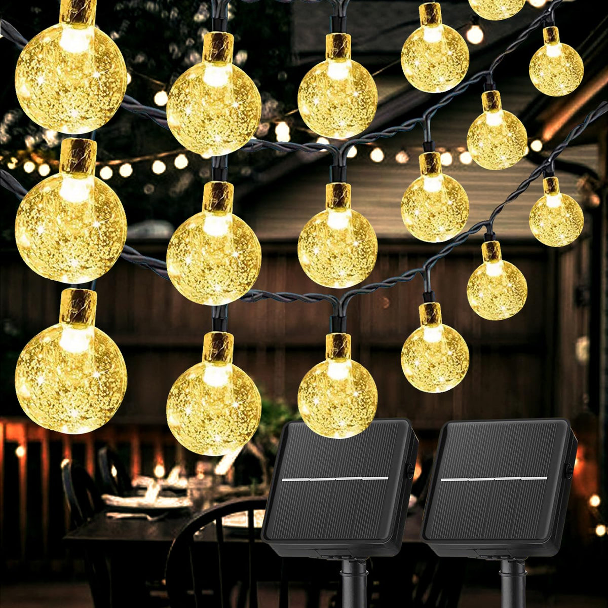 Solar String Lights Outdoor, 2Pack Total 73ft 120 LED Waterproof Crystall Globe Lights with 8 Lighting Modes, Solar Powered Pati