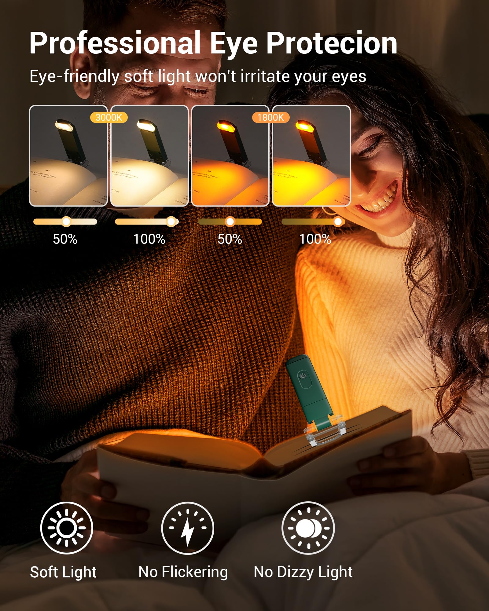 DEWENWILS USB Rechargeable Book Reading Light, LED Clip-on, 4 Brightness Levels, Dark Green, Model IT-008