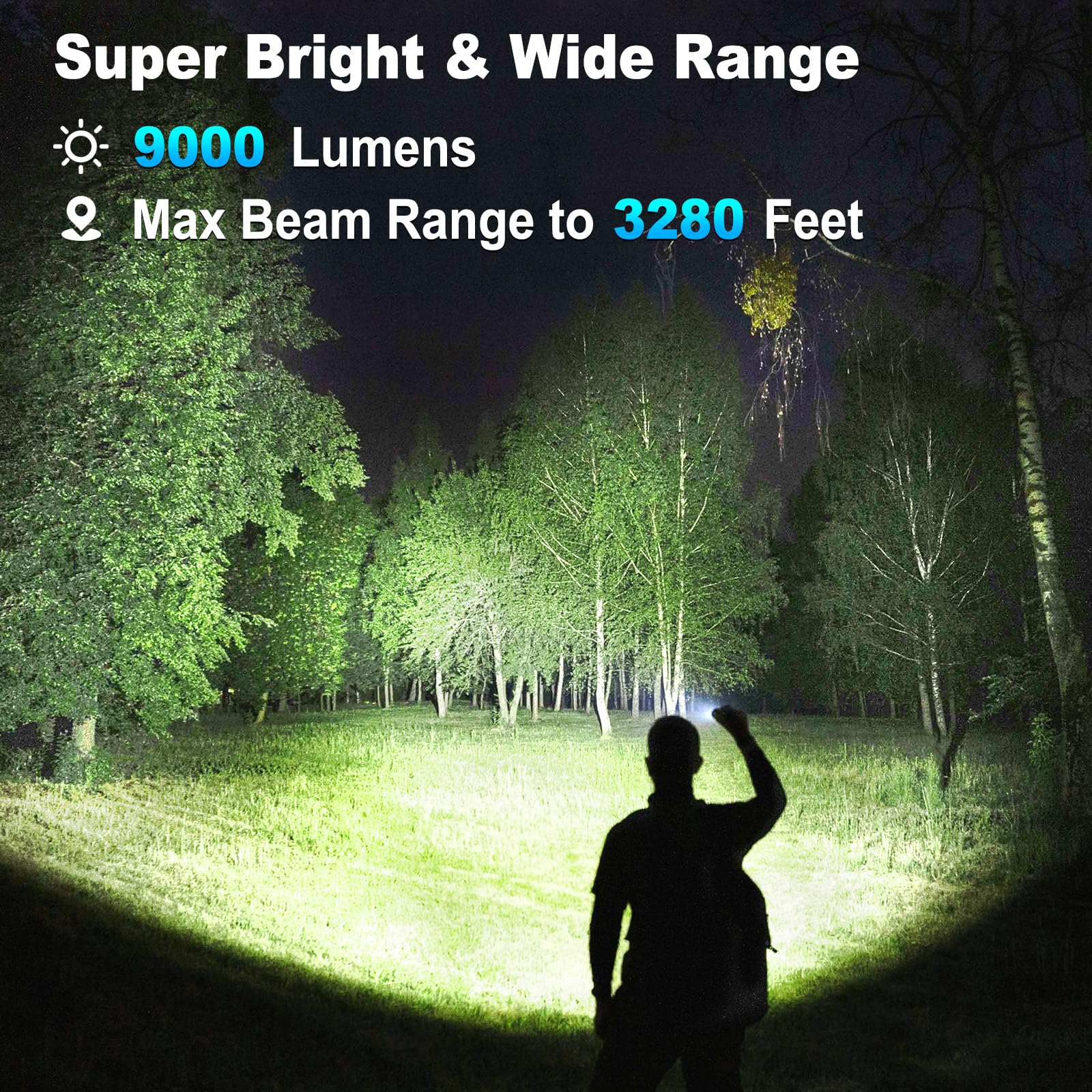 KINGCAESAR Rechargeable Flashlight 90,000 Lumens, 7 Light Modes, IPX7 Waterproof, Model P121, Black