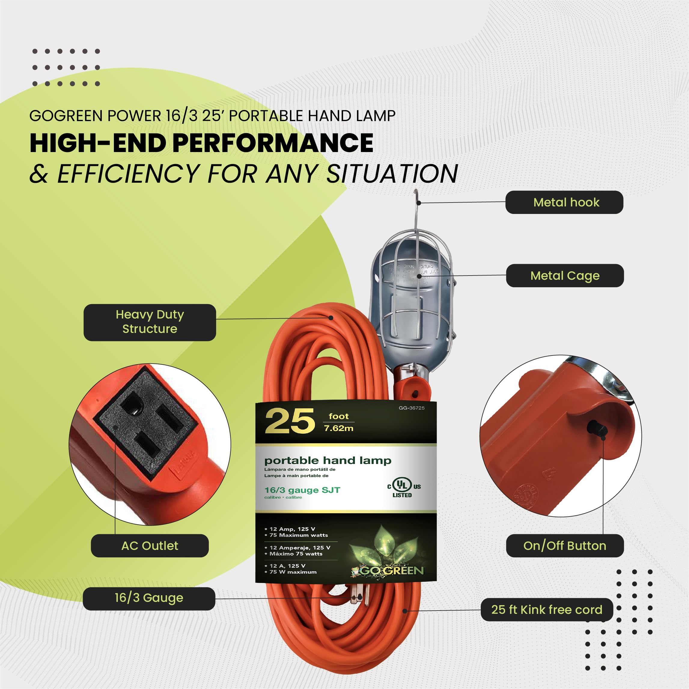 Go Green Power Inc. 25Ft Portable Hand Lamp With 16/3 Kink-Free Cord (Bulb Not Included) - Durable Construction, Swivel Hook, An