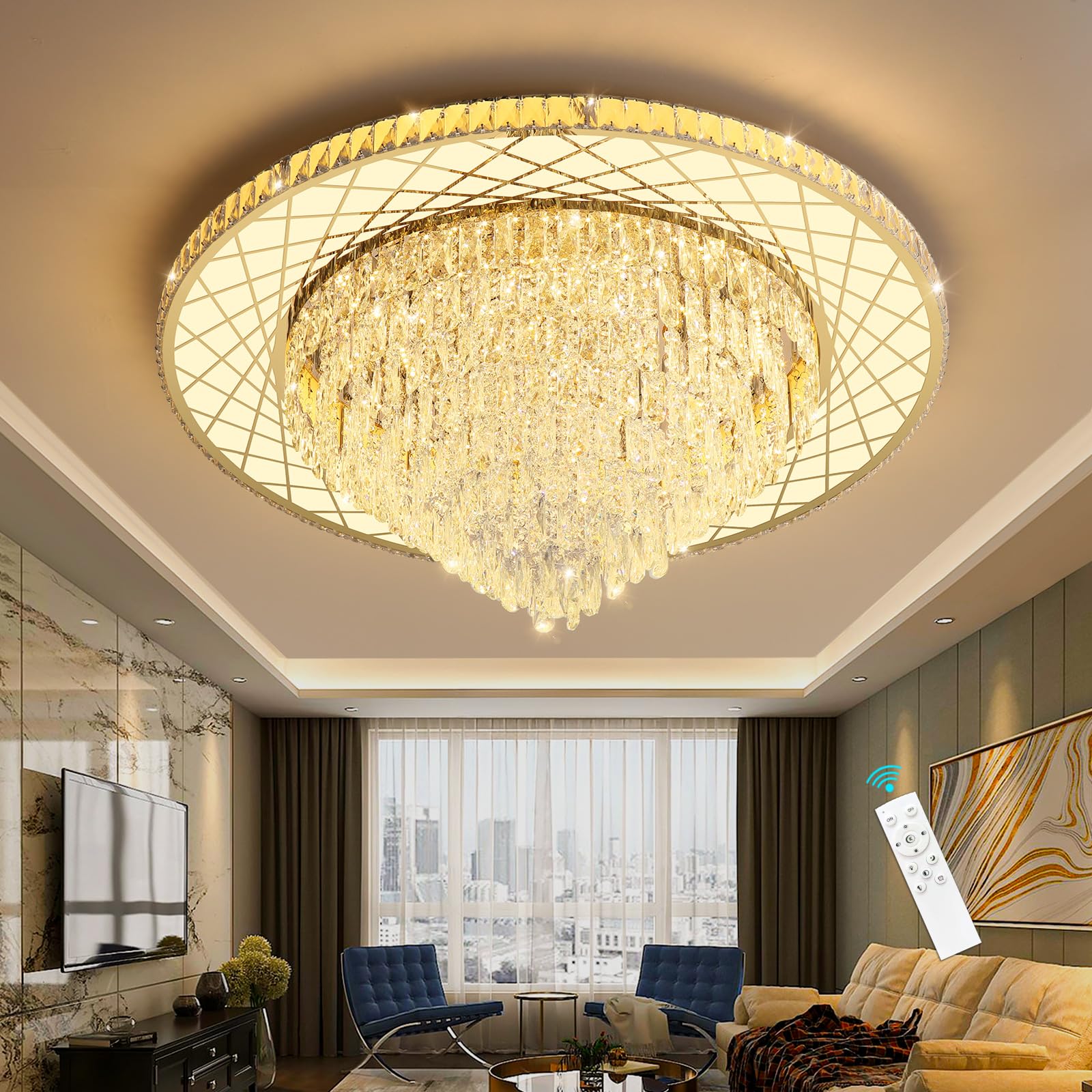 HAIXIANG Large Chandelier for Living Room High Ceiling Modern Crystal Ceiling Chandeliers Light for Dining Room Entryway Lights with 90W LEDs Dimmable Bulbs Gold Lighting Fixtures