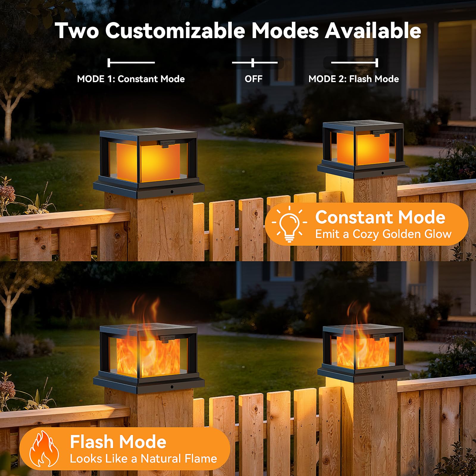 Solar Post Cap Light Outdoor with Flickering Flame, Waterproof Solar Powered Deck Cap Light for 4x4 Wooden/4x4 Vinyl Post, Black