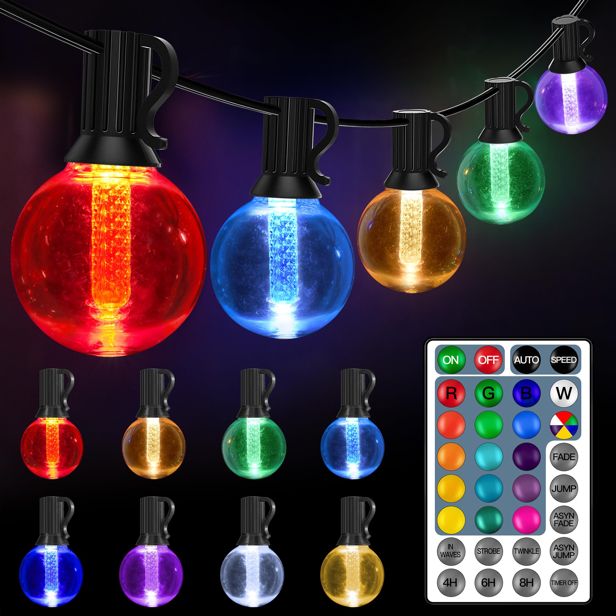 Ollny Christmas Lights Outdoor 30Ft Rgbw, Color Changing String Light With 20 Edison + 1 Spare G40 Led Bulbs, Plug In Remote Waterproof Connectable Timers Patio Lights For House Indoor Outside