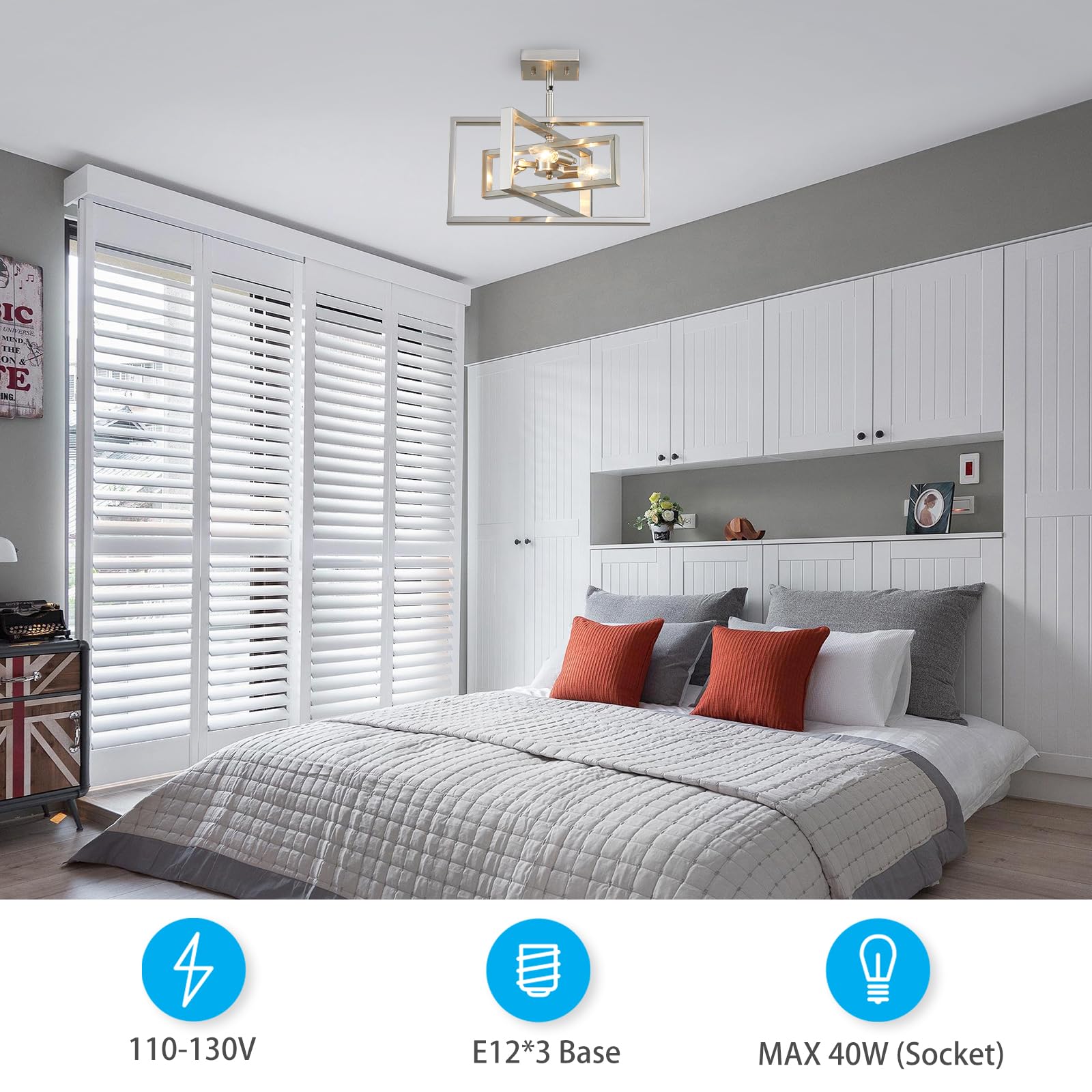 XINGQI 3-Light Brushed Nickel Chandelier - Modern Semi Flush Mount Pendant Lighting for Dining Room, Bedroom, Kitchen, Entry Foyer