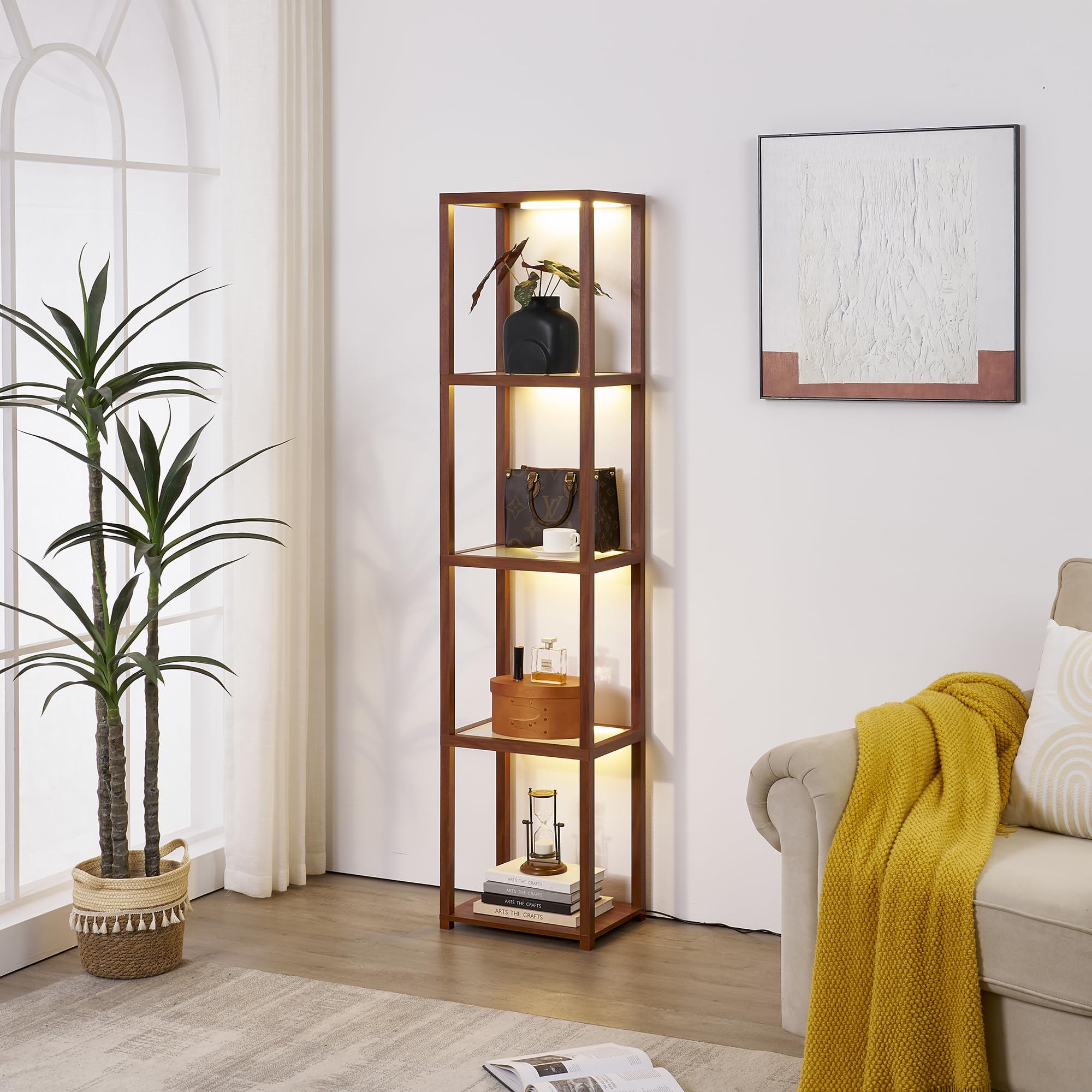 FENLO LED Display Shelf Unit, Dimmable Glass Curio Cabinet, Walnut, Model FEN-109-CCT-WA, Remote Control, Adjustable Lighting