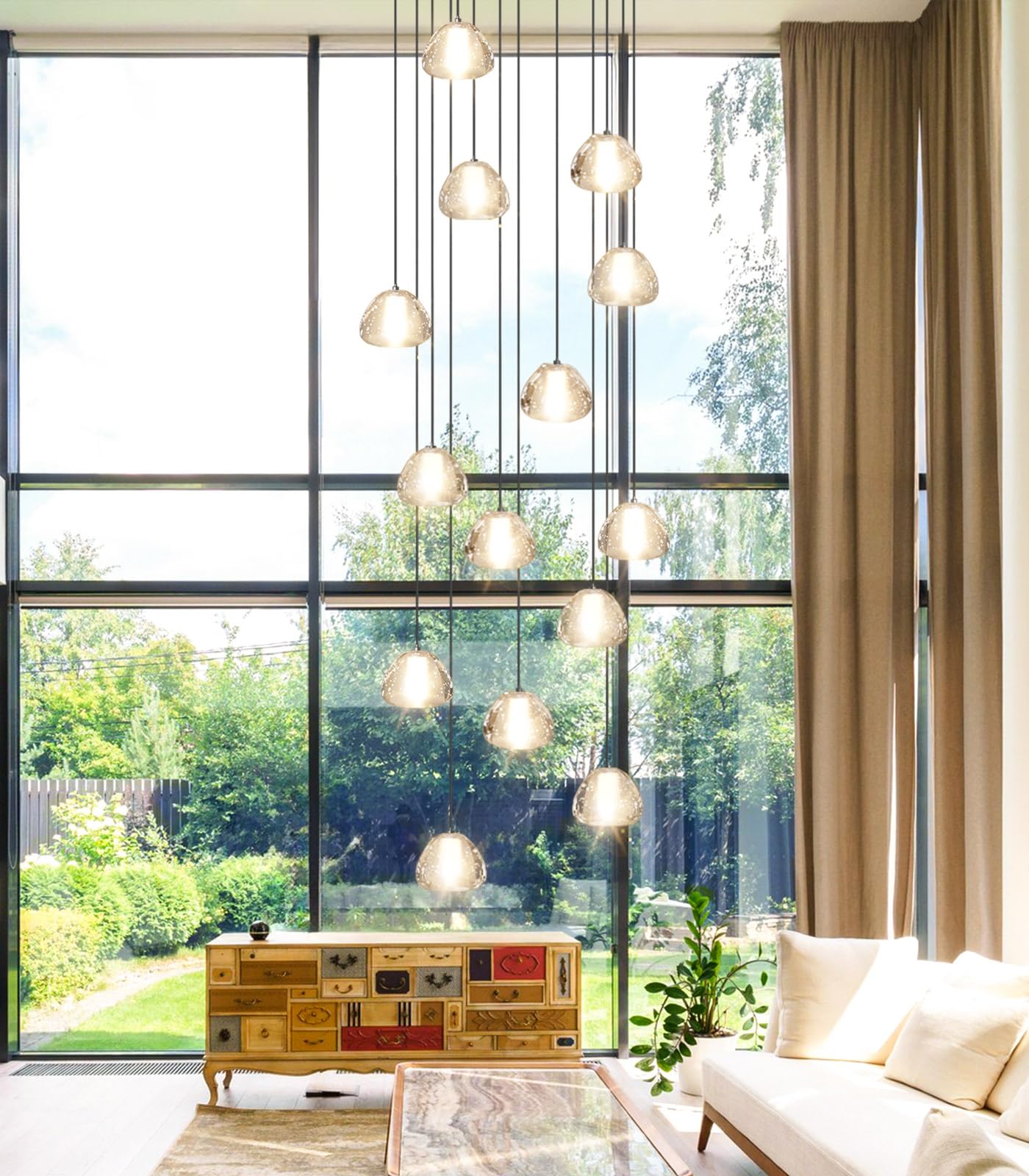dolria Modern Crystal Chandelier - 14-Lights Round, Black LED Lighting Fixture for Staircase, Foyer, Living Room - Model PC0010-14B