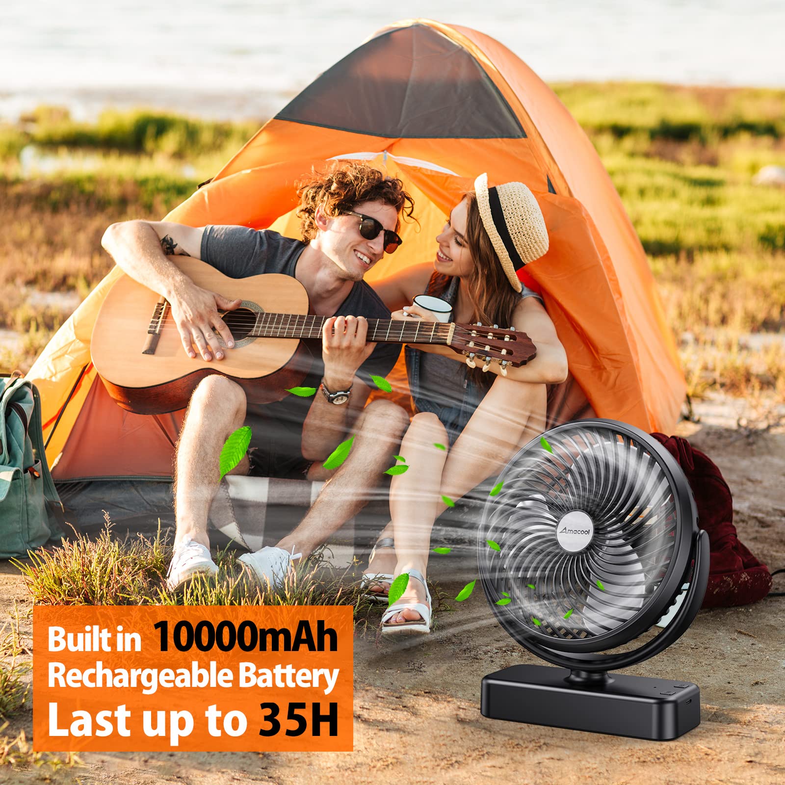 AMACOOL 10000mAh Camping Fan - 7" USB Fan with LED Light, Black, Model F320, Ideal for Tent, RV, Hurricane Emergency, Hanging Hook