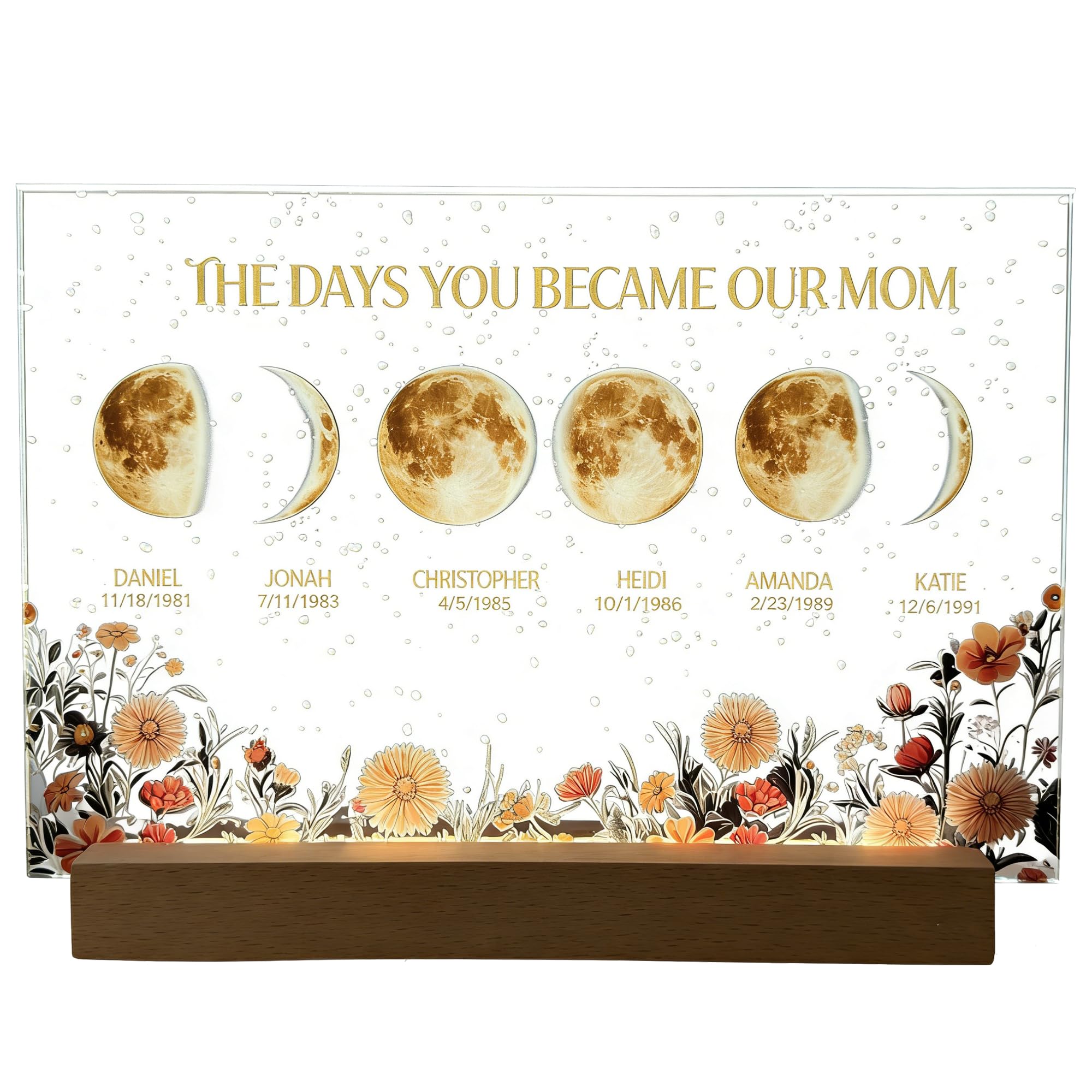 ROSLILY Custom Moon Phase Frame with Night Light, Personalized Mothers Day Moon Phase Gift for Mom with Name & Date, Moms Sky L