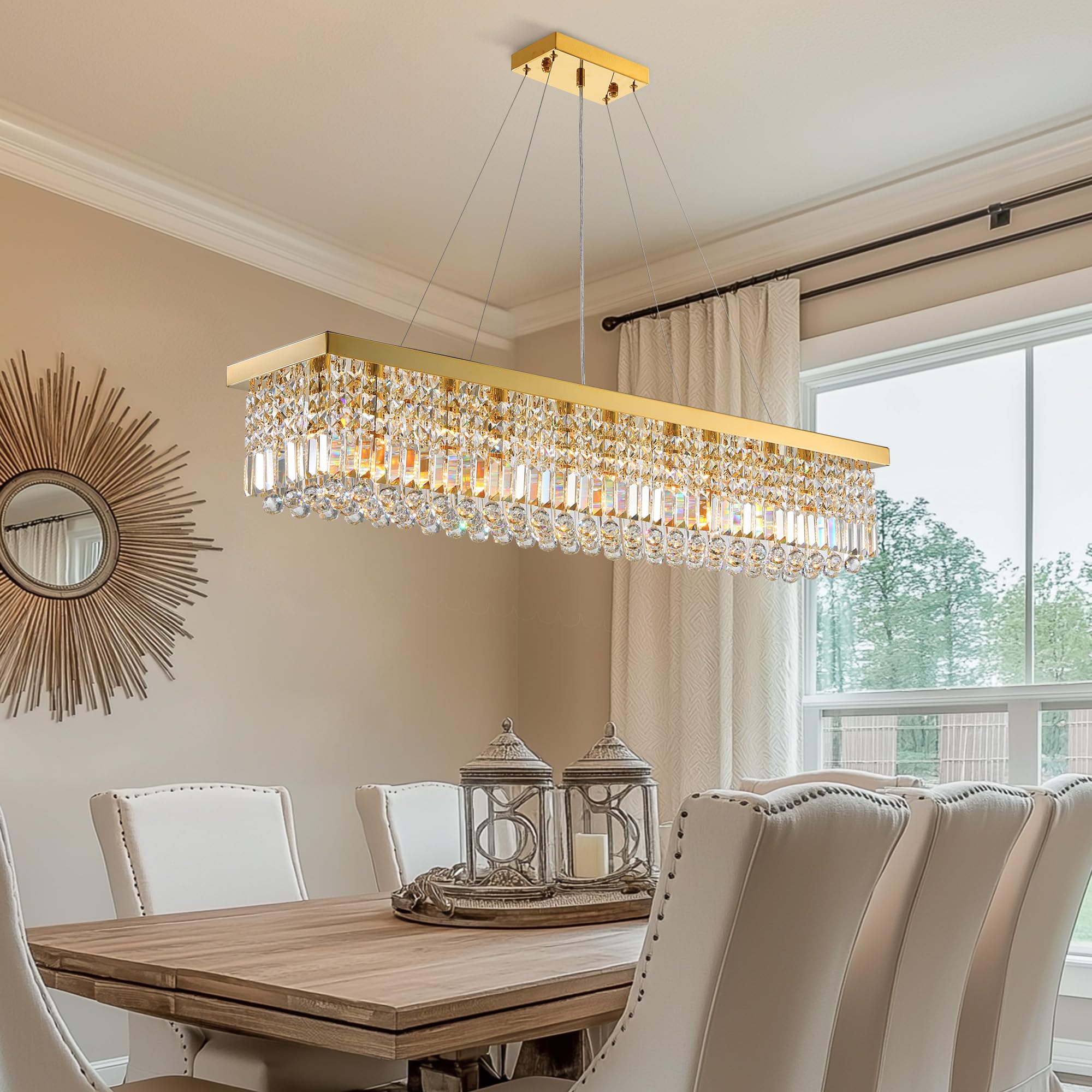 Tinkoso Modern Crystal Chandelier, 10-Light K9, 47"x10"x10", Gold Stainless Steel, Model LH-00912 for Dining Room, Kitchen, Hotel
