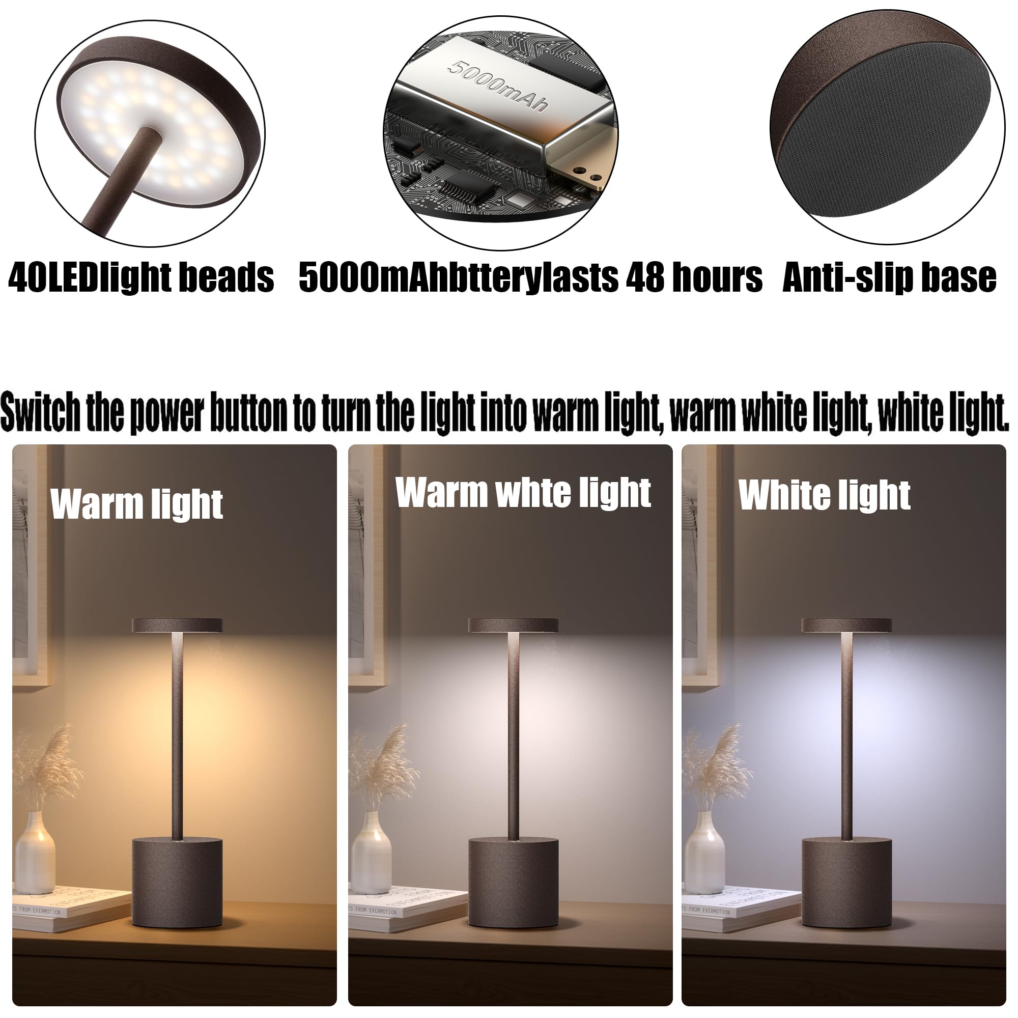 YIBEN Cordless Table Lamp 2Pack Rechargeable LED 5000mAh Metal USB 10.25in Ferruginous S801-B