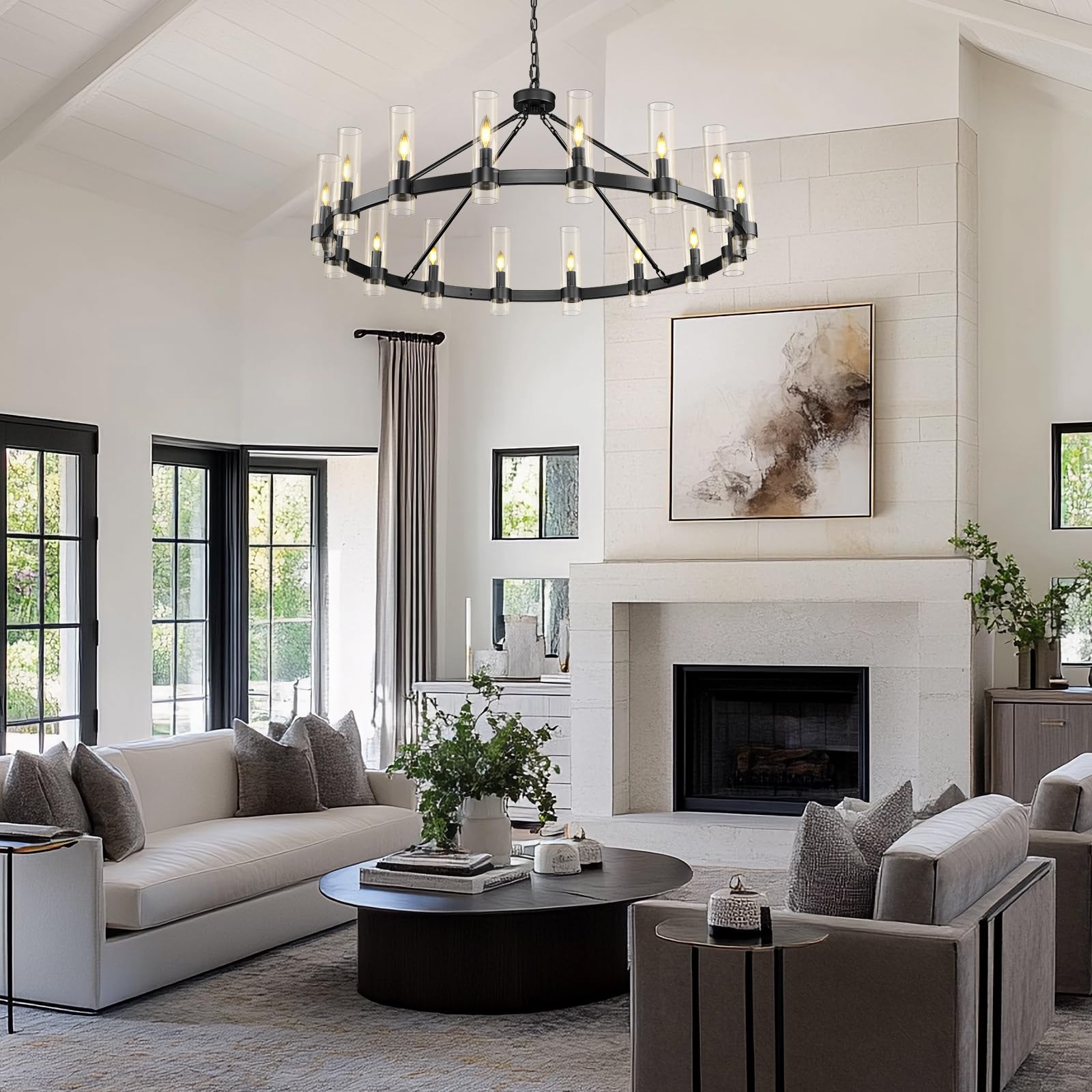 Black Wagon Wheel Chandelier, 48 Inch Chandeliers With Glass Shade, 16-Light Large Chandelier For High Ceiling, Modern Farmhouse