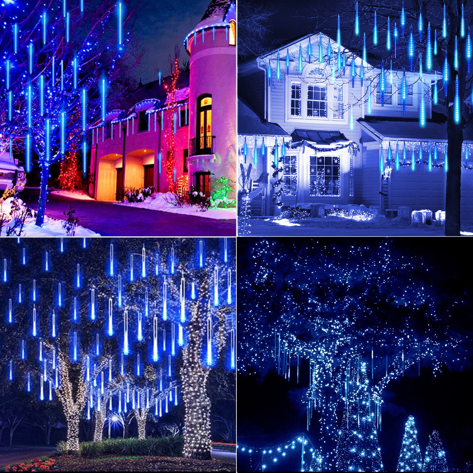 Meteor Outdoor 16'' Icicle Shower Lights - 576 Led, Waterproof Falling Rain For Tree, Blue
