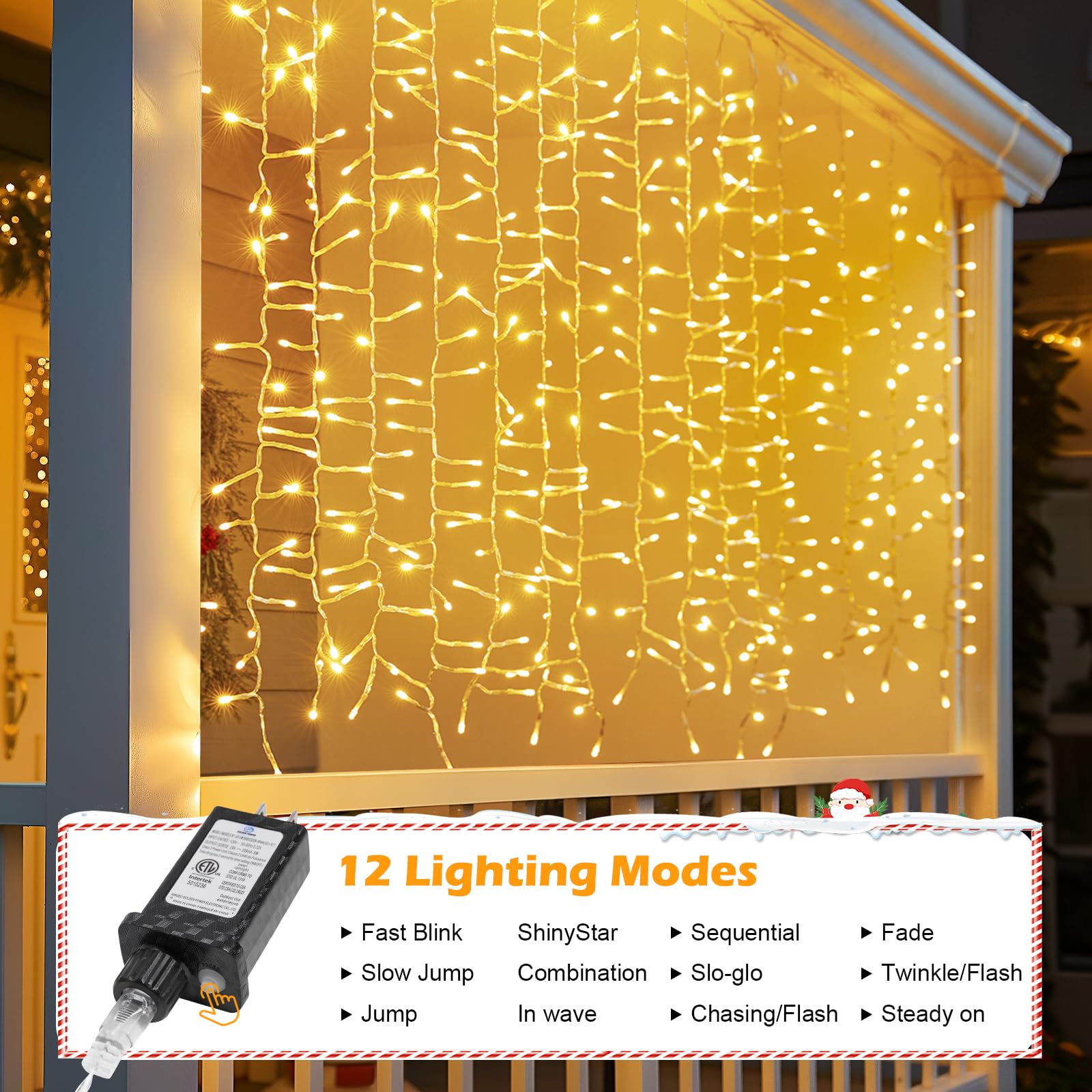 Brightown 20FT Cluster Curtain Lights, 960 LED Warm White Fairy Lights, 12 Modes, Waterproof for Outdoor & Bedroom, Model DMO-300