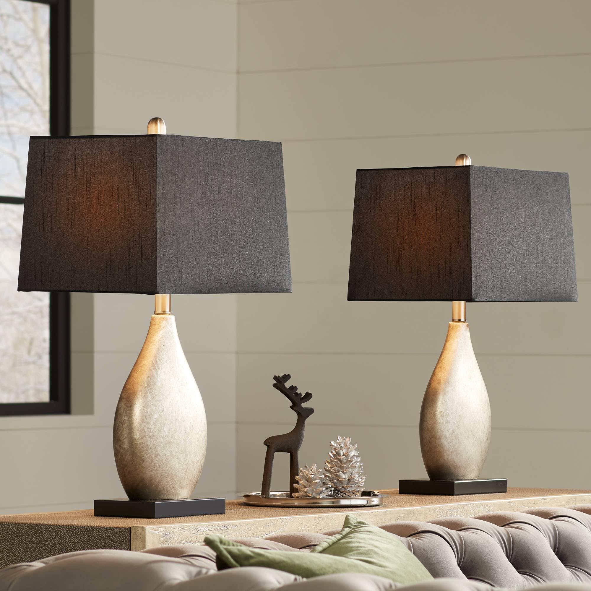 Regency Hill Table Lamps Set of 2, 25in Tall, Silver Resin with Black Tapered Rectangular Shade, Model 39K50