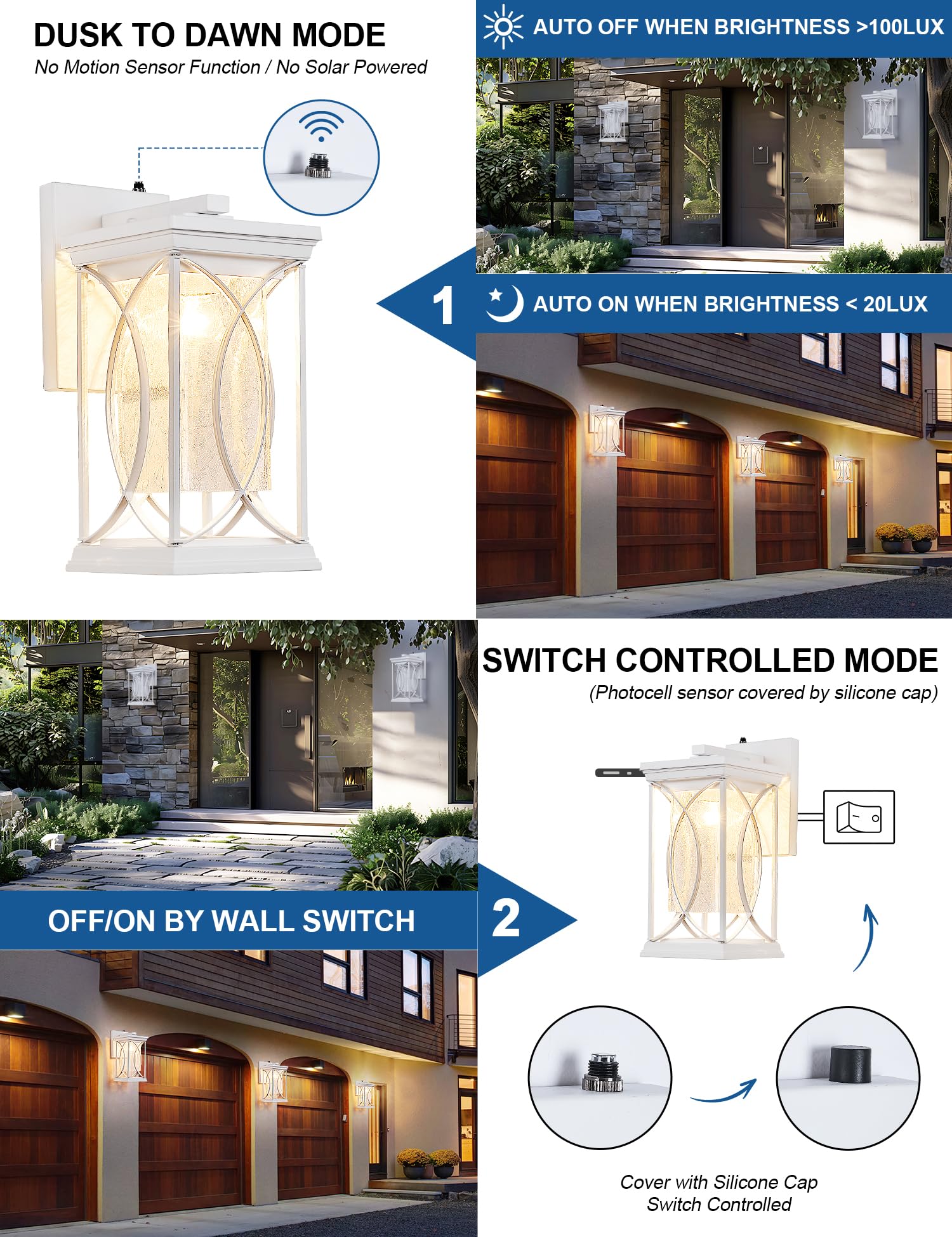 Delicavy White Outdoor Wall Sconce Dusk to Dawn Light Fixture, Large, Waterproof Aluminum, Model L-920