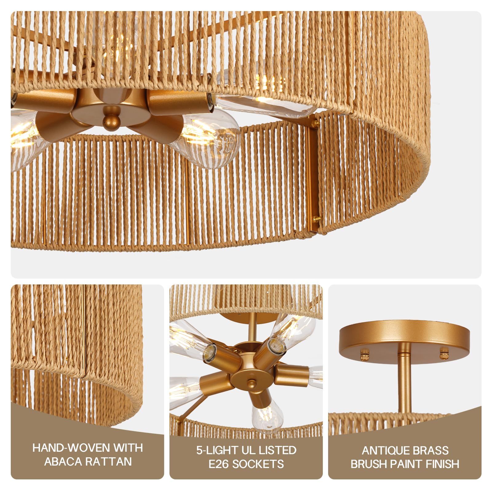 CLARSYNE 24in Rattan Flush Mount Ceiling Light Fixture, 5-Light Gold Boho Chandelier, Model CL-LG-009, Pattern A