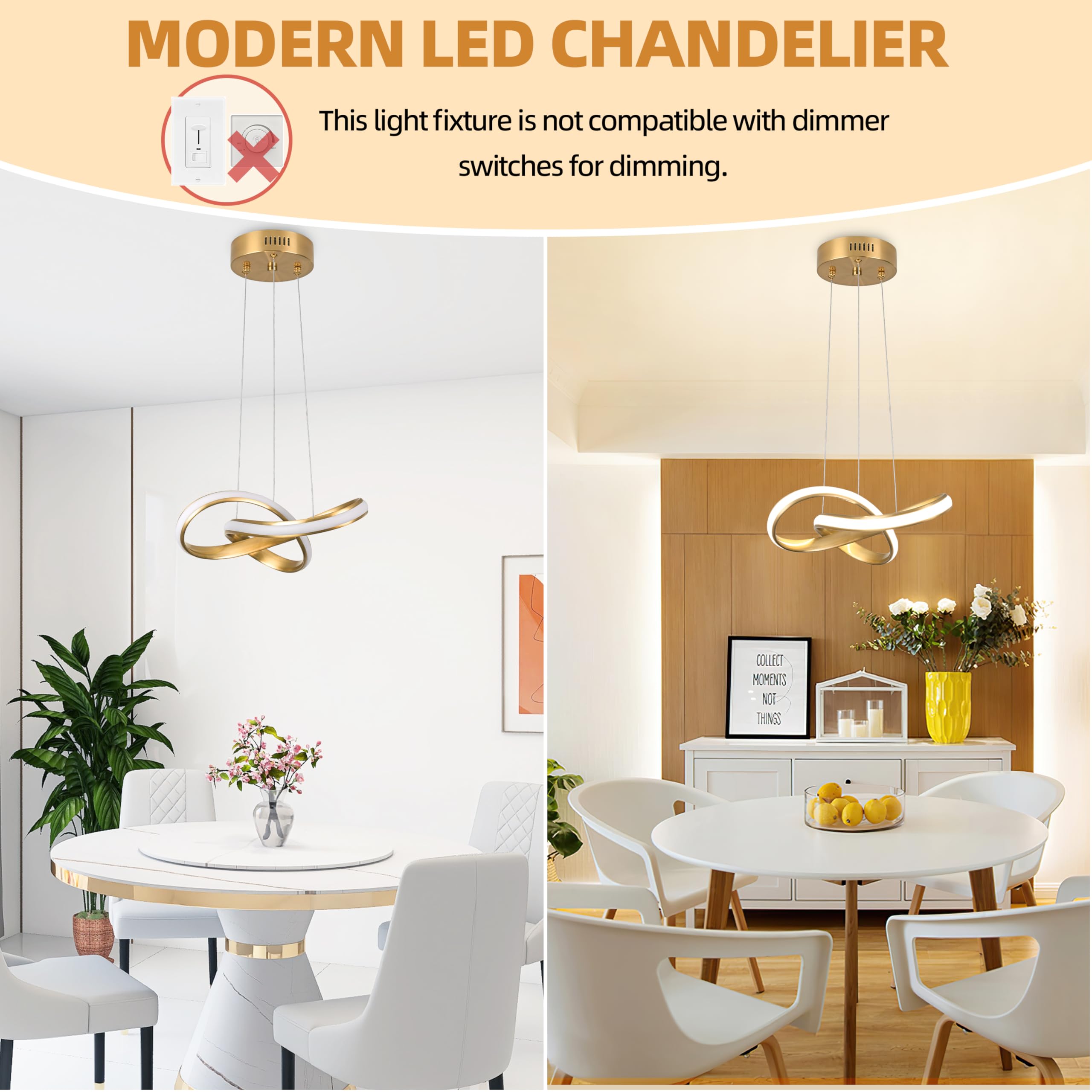 Mccokaige Modern LED Chandelier, Gold Metal Pendant Light, 12.5" Height Adjustable, SYC-22-J for Kitchen Island or Hallway