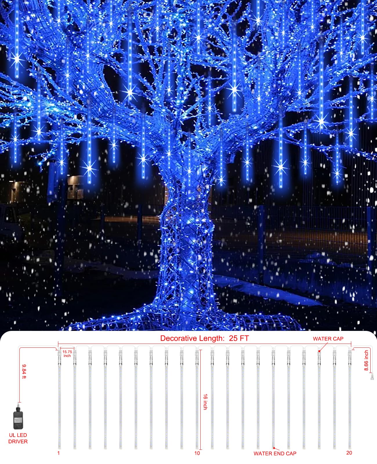 EAGWELL 20 Tube 1080 LED Blue Meteor Shower Lights - Waterproof Cascading Lights for Garden, Porch, Wedding, and Christmas Decor