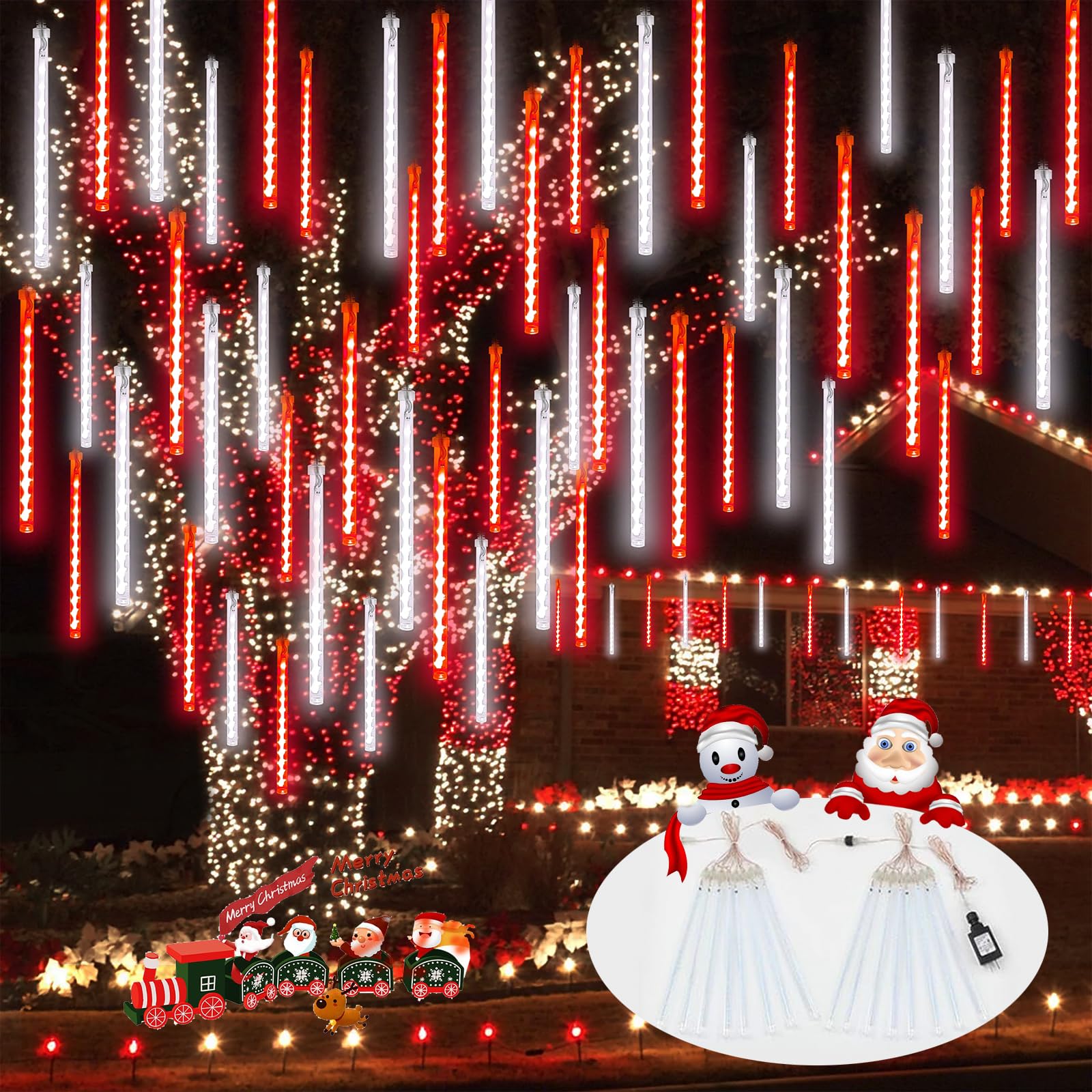 2 Pack Extendable Christmas Lights Decorations Outdoor  16 Tubes 384 LEDs Meteor Shower Lights with Timer Cascading Falling Rain String Light Plug in for Holiday Graden Tree Xmas Decor (Red and White)
