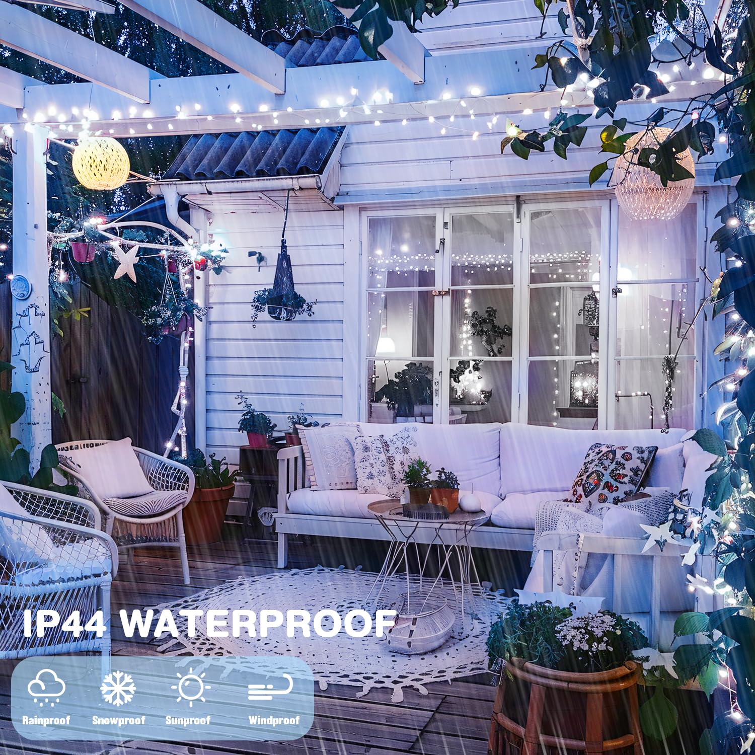 POTIVE 33ft 100LED White Christmas String Lights, Waterproof, 8 Modes, Indoor/Outdoor, Model EXS-S-0100