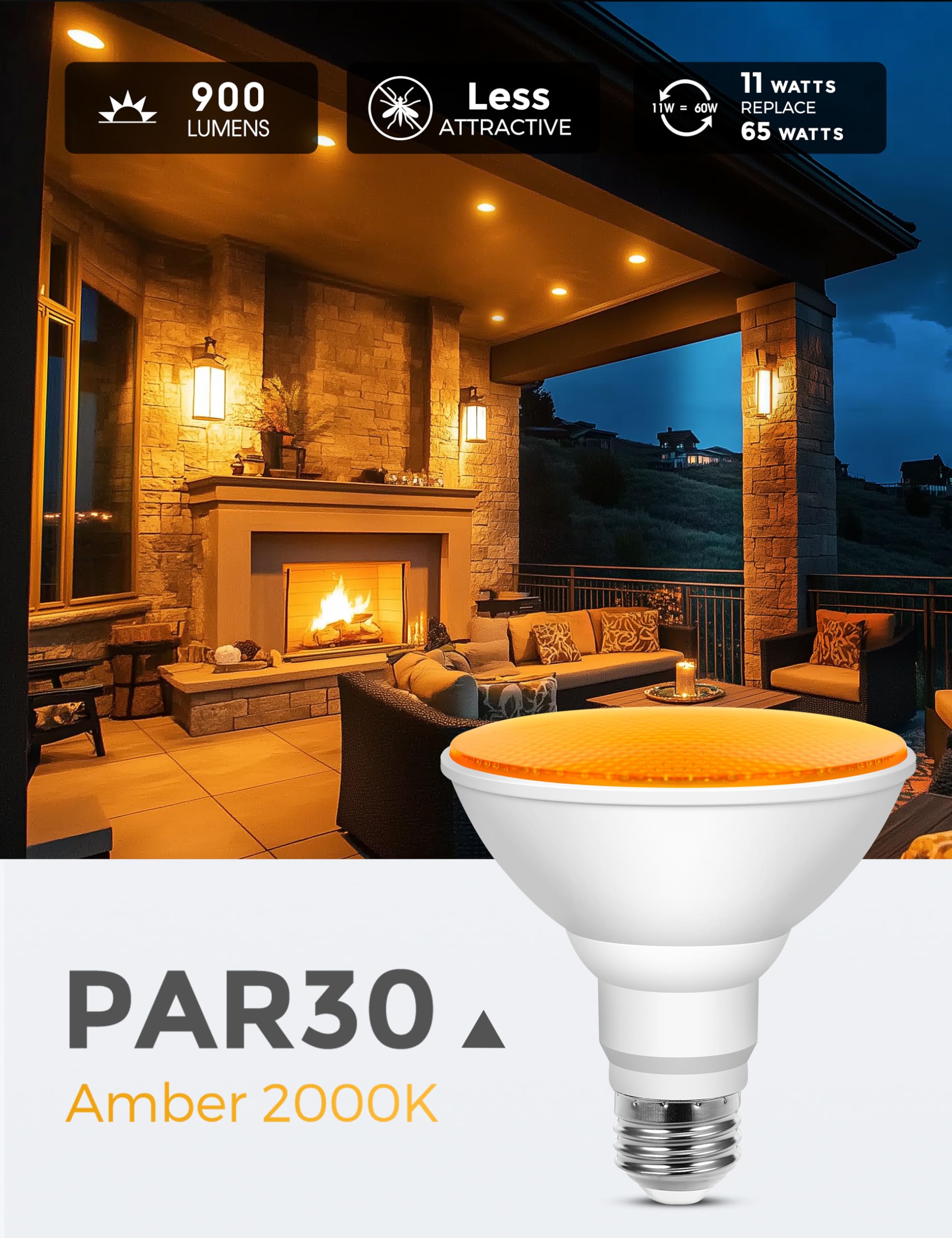L LOHAS LED PAR30 Yellow Dusk to Dawn Bug Light Bulbs, 11W, 75W Equivalent, E26 Base, 2 Pack for Outdoor Patio and Backyard