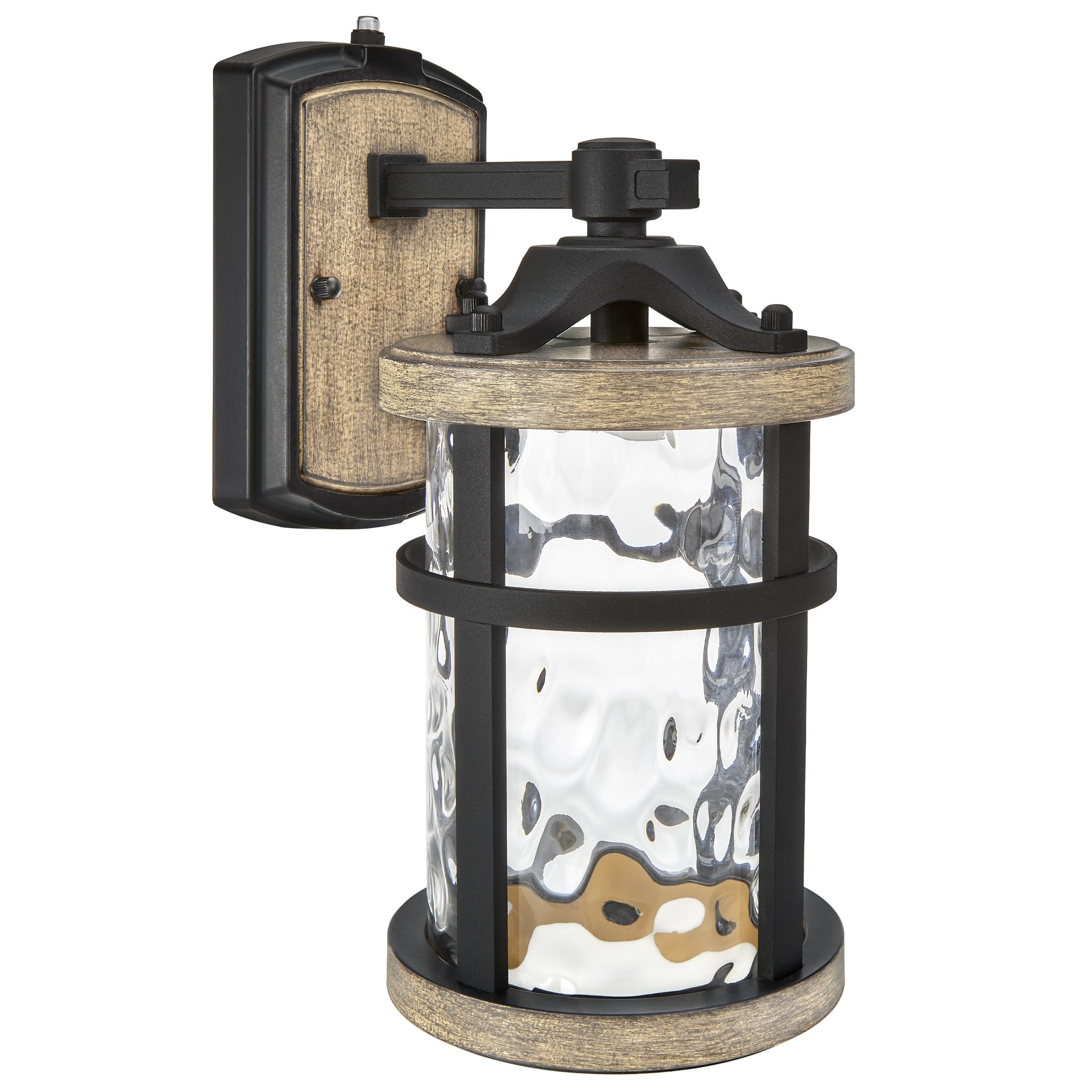 Maxxima LED Outdoor Wall Light, Black w/Wood Grain Style Finish, Clear Hammered Glass, 800 Lumens, 3000K Warm White, Dusk to Daw