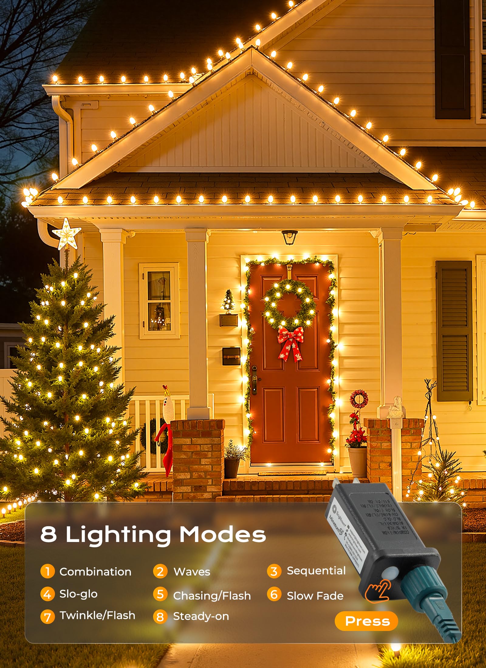 Minetom C9 Christmas Lights Outdoor, 72 FT, 110 LED, Warm White, 8 Modes, Waterproof, 2 Pack, Model GV-110-CM