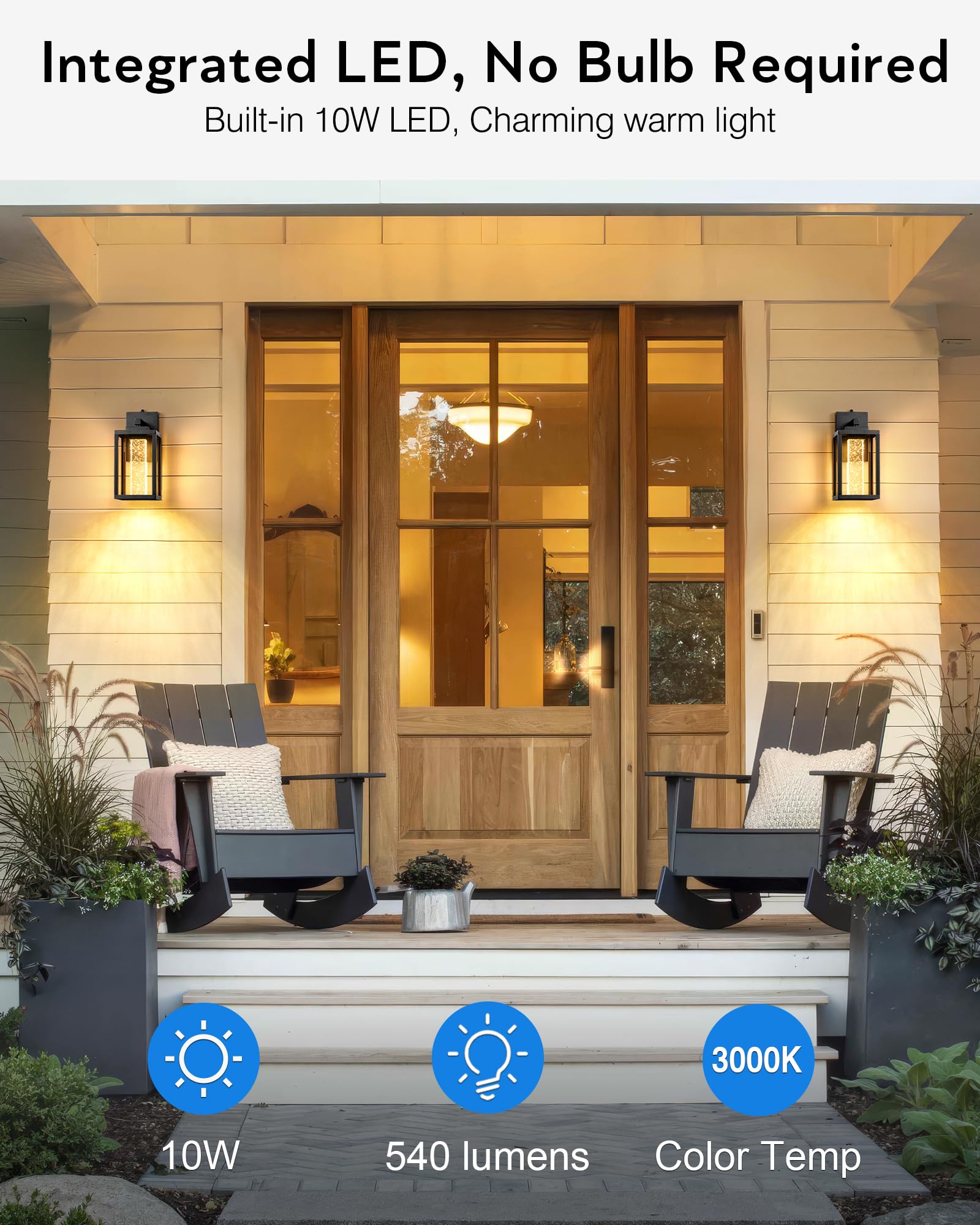 VIANIS Black Outdoor Wall Sconce Light Fixtures, 2-Pack Dusk to Dawn, 10W LED, Crystal Bubble Glass, Model V81152BK
