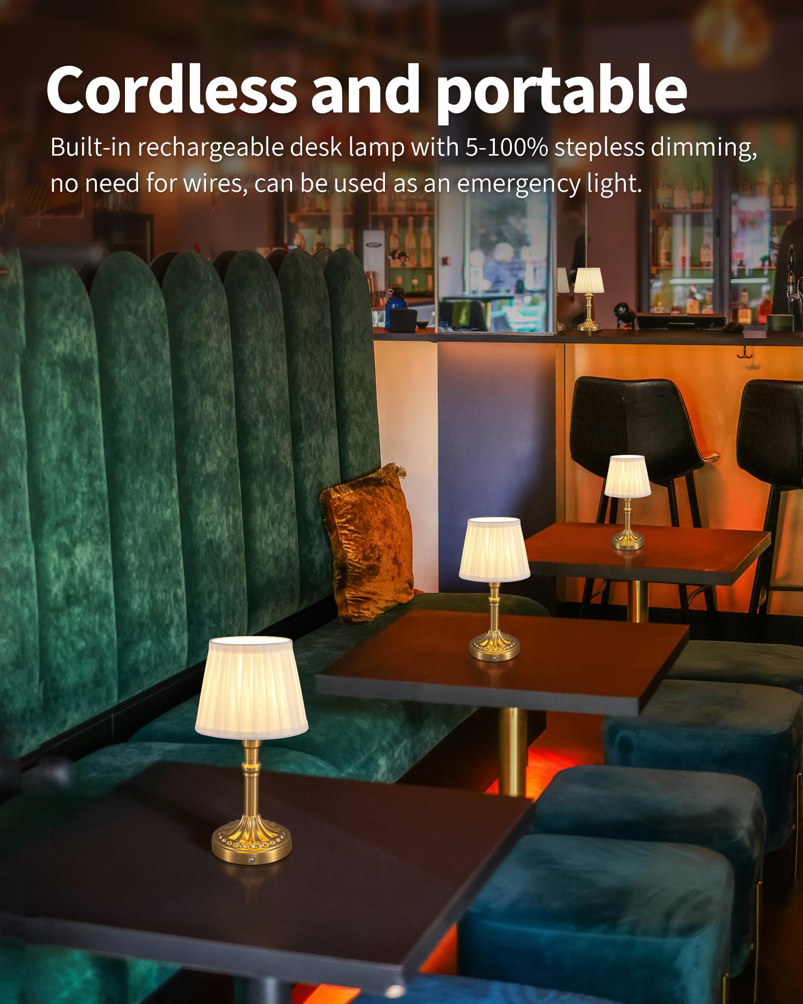 Kdg Cordless Portables Table Lamp Set Of 2, Led Fabric Shade Small Desk Lamps, 5000Mah Battery Powered Lighting, 2700K Stepless Dimmable Light For Living Room, Dining Room, Bedroom, Bedside (Bronze)