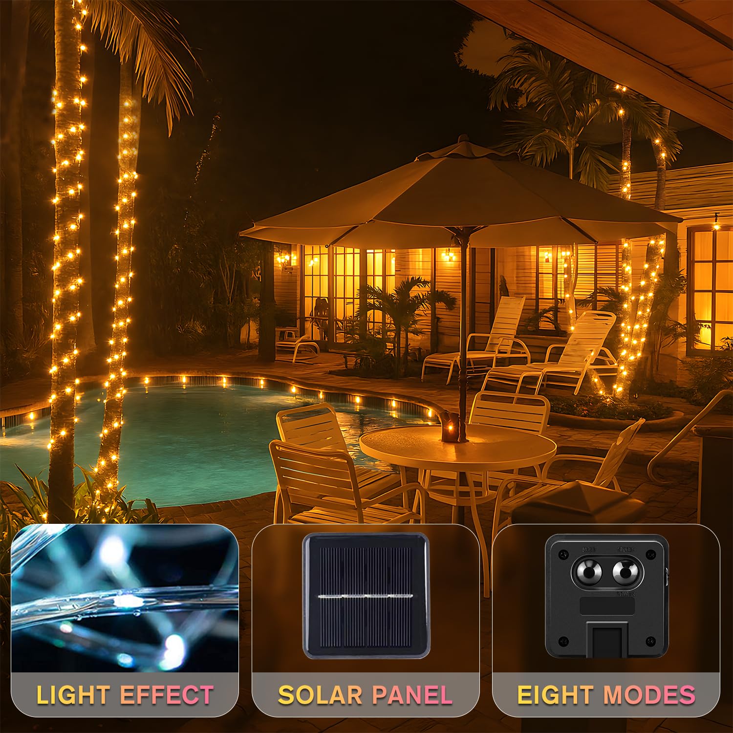 ANJAYLIA Solar Rope Lights, 33FT, 100 LED, Waterproof, 8 Modes, Warm White, Model WWQZD100
