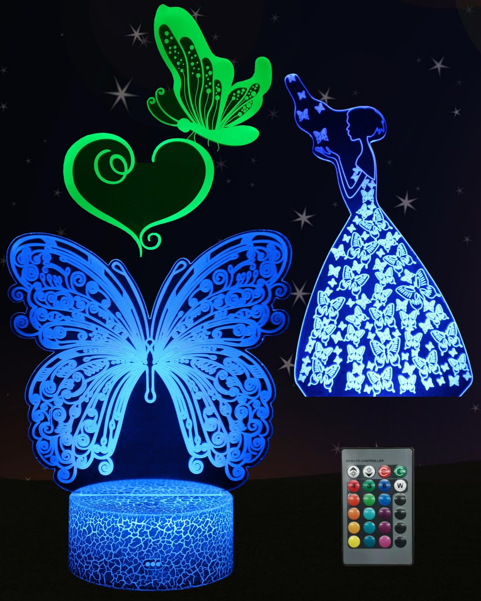 Kenmaca Butterfly Night Light for Girls Bedroom, 3D Illusion Lamp, 3 Patterns 16 Colors Changing Dimmable Room Decor, Smart Touc