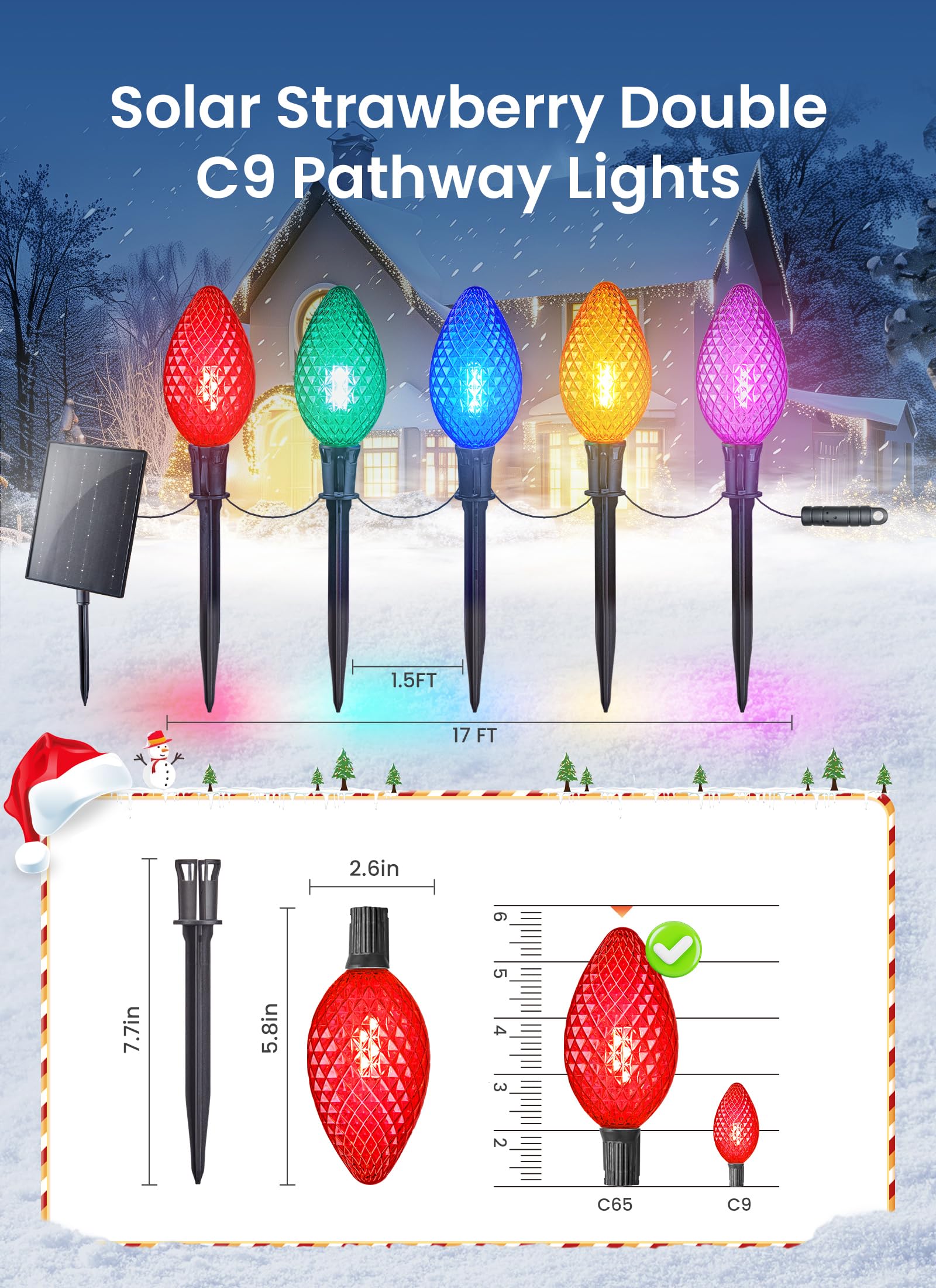 Minetom Solar C9 Strawberry Christmas Pathway Lights - 16FT, 10 LED, Multicolor, 8 Modes, Outdoor Decorations